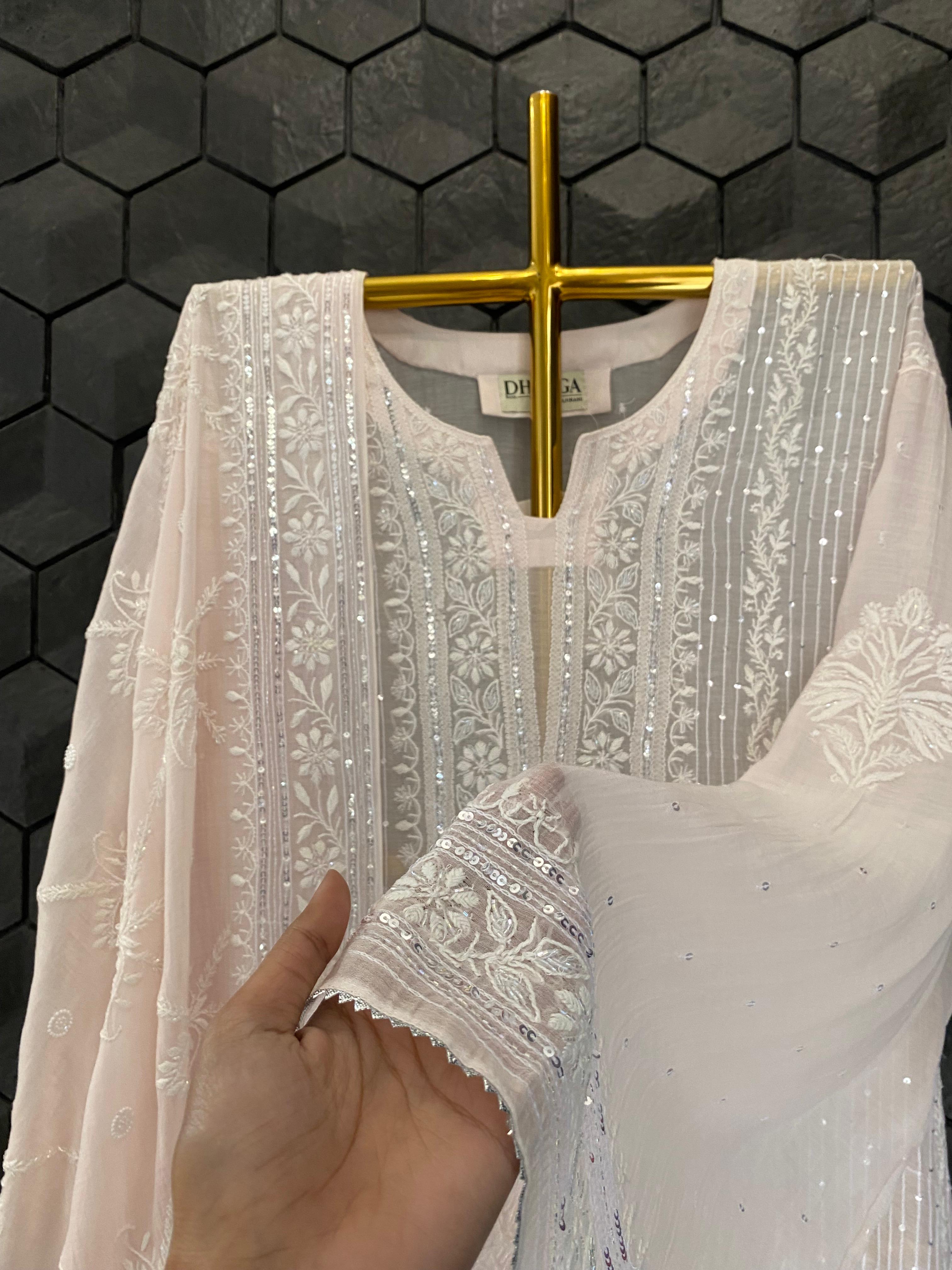 Pink mul chanderi Chikankari kurta set