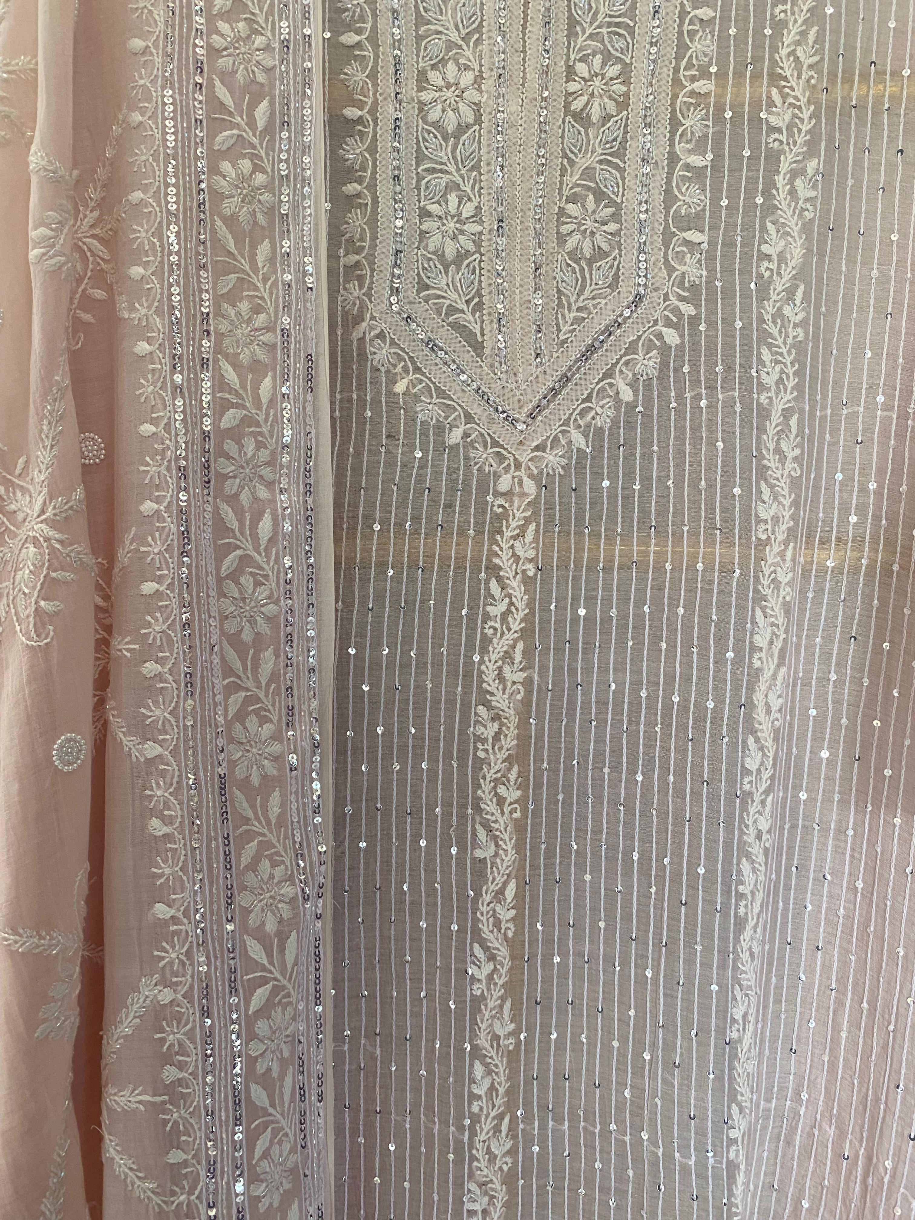 Pink mul chanderi Chikankari kurta set