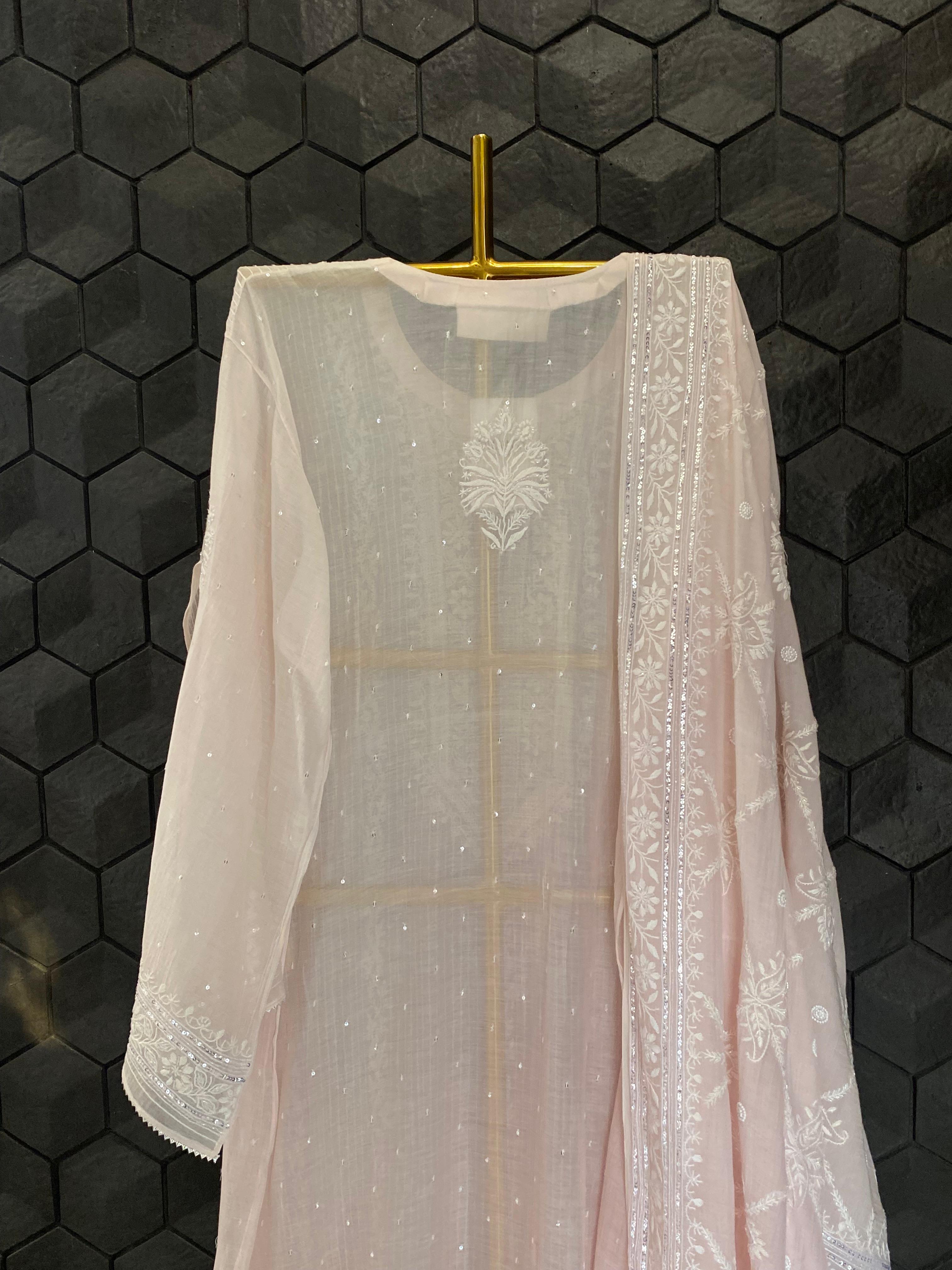 Pink mul chanderi Chikankari kurta set