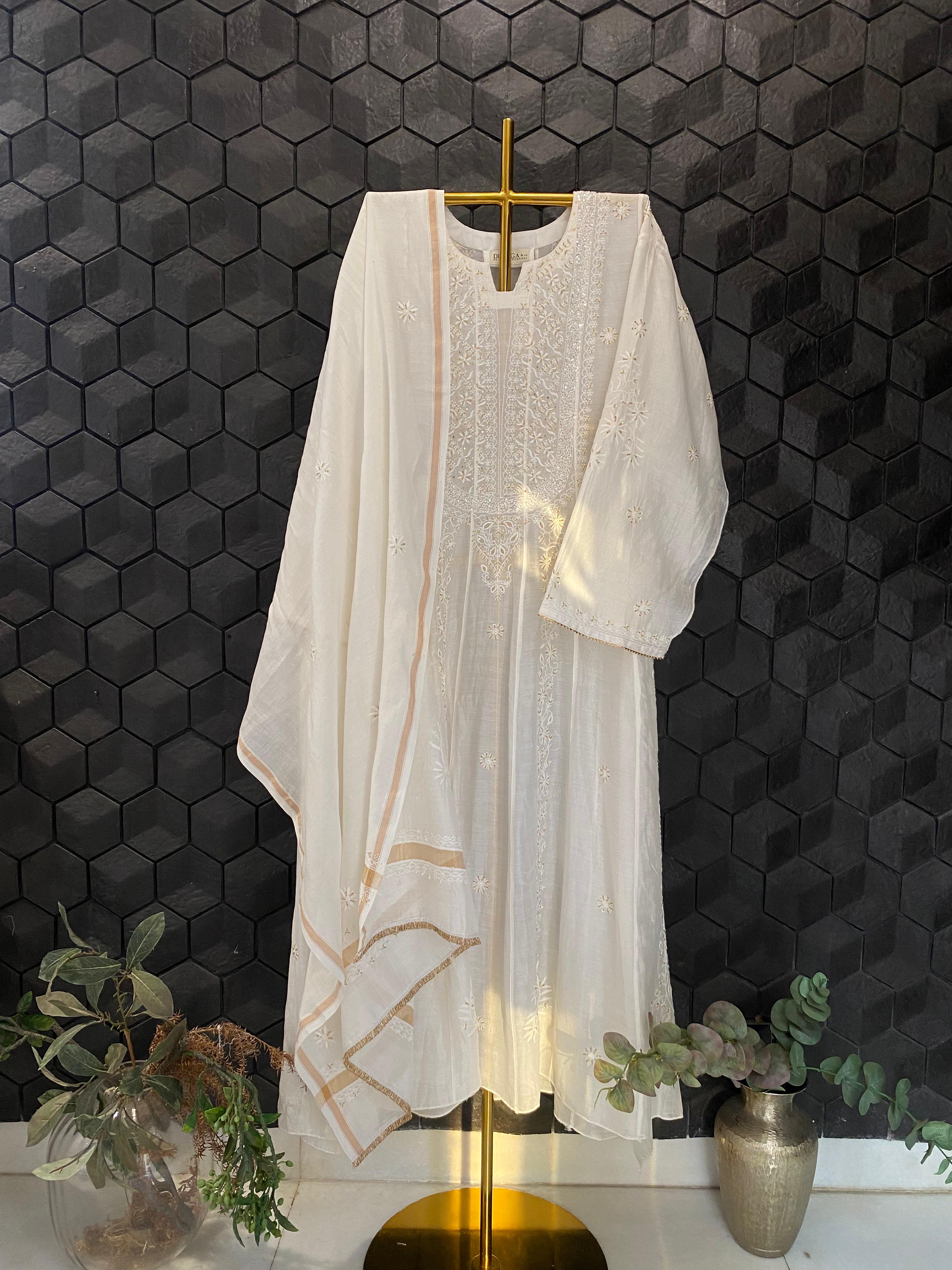 White Mul chanderi chikankari anarkali set