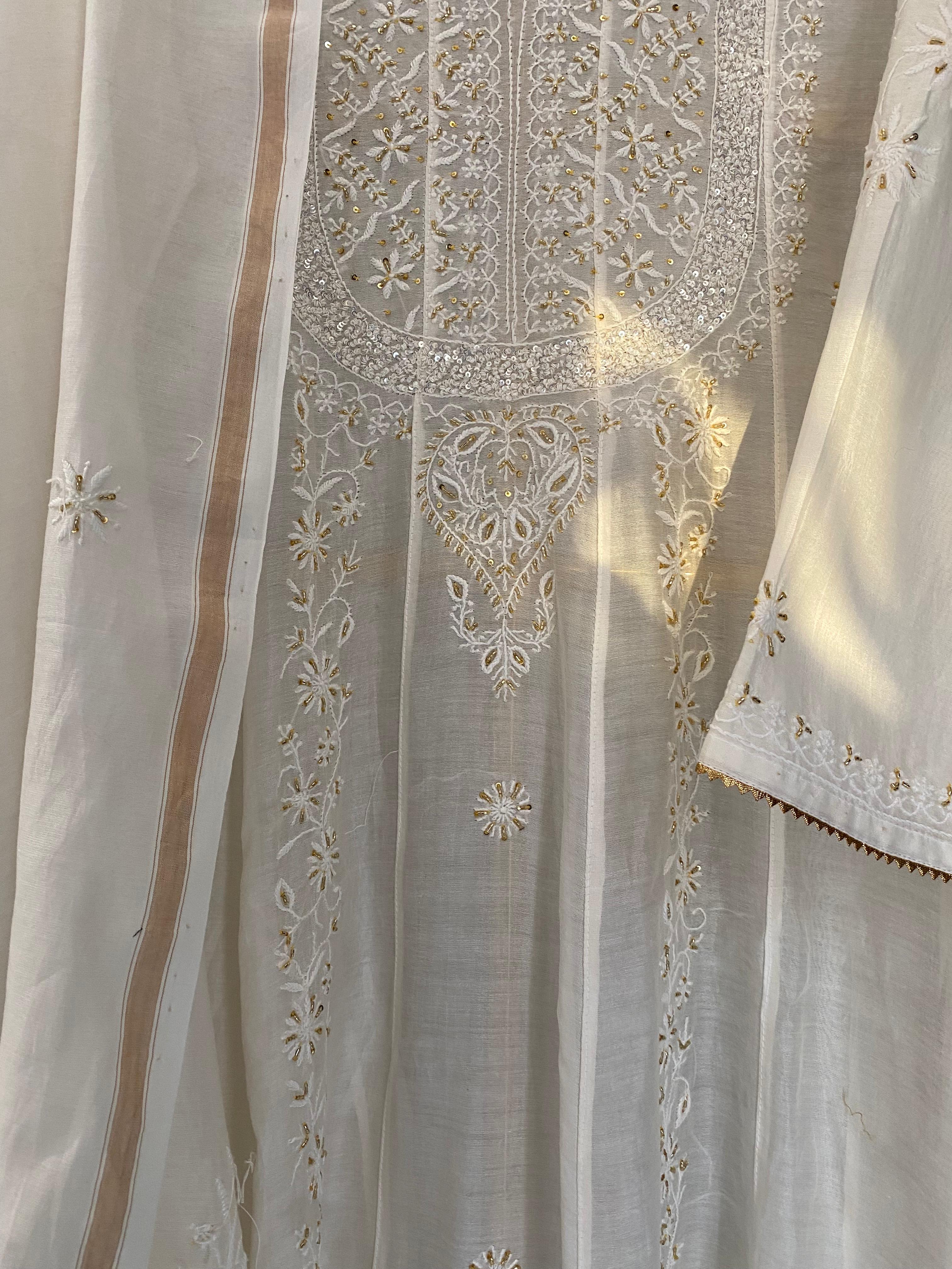 White Mul chanderi chikankari anarkali set