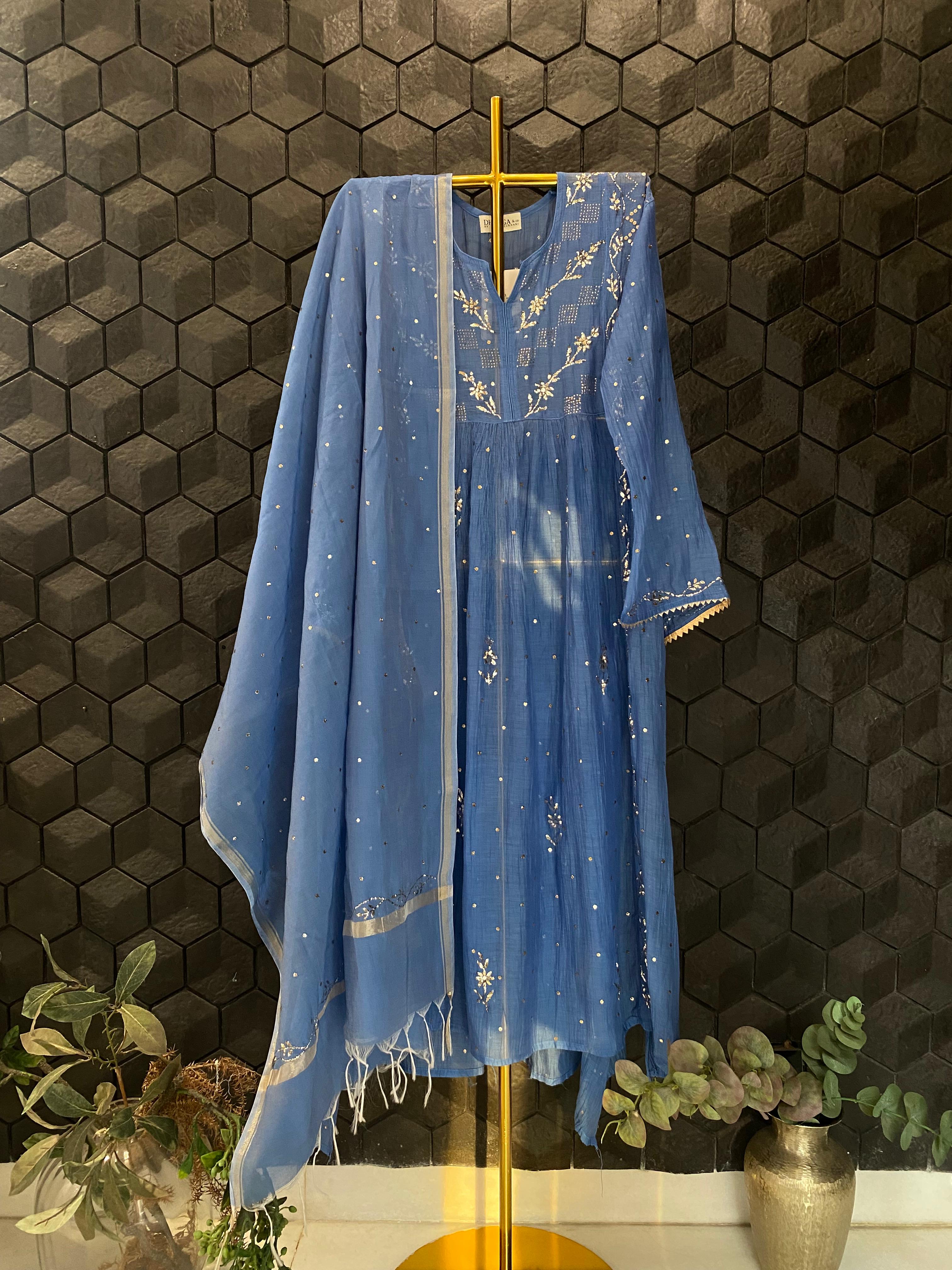 Cobalt blue mul chanderi mukaish kurta set