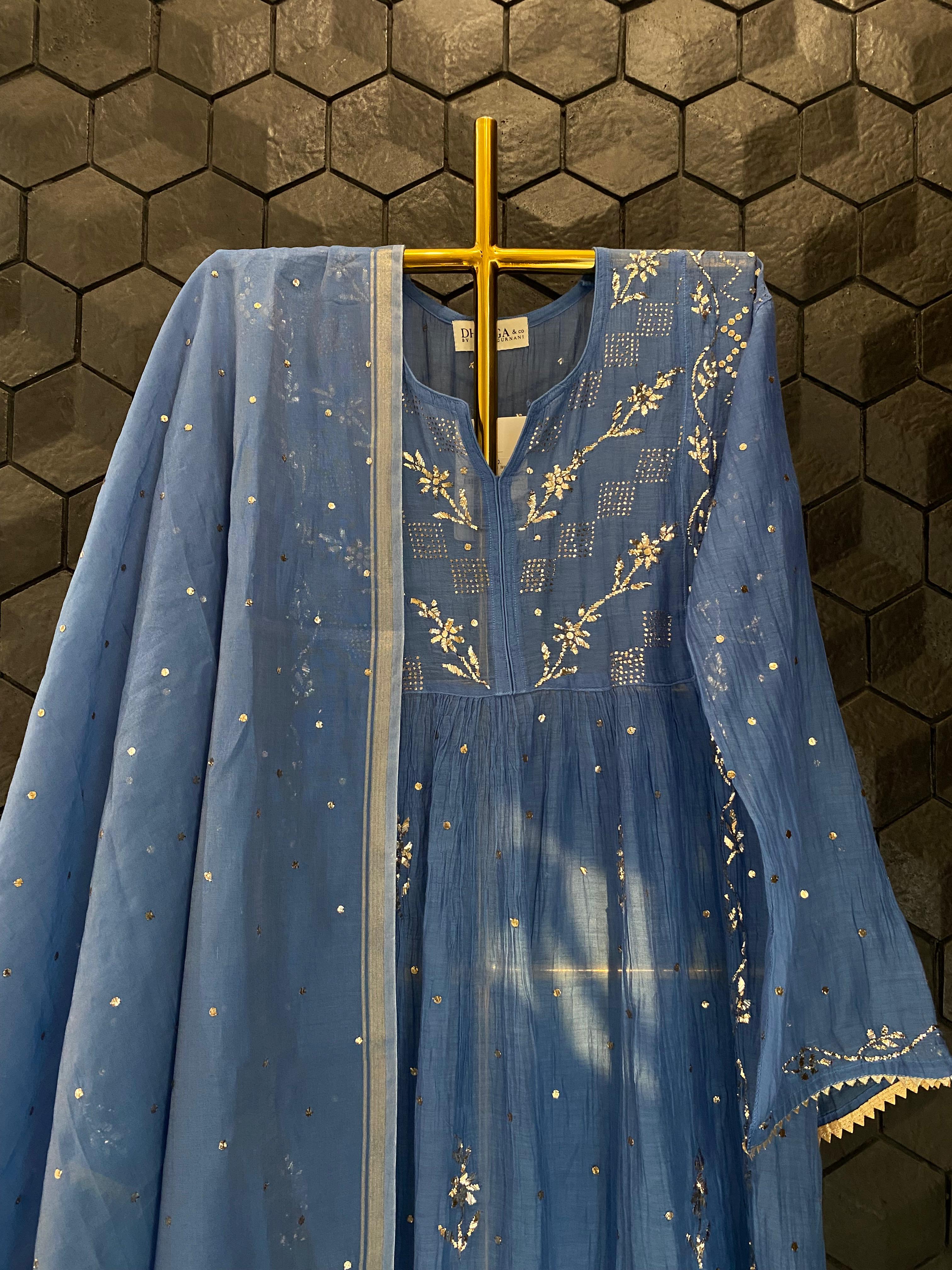Cobalt blue mul chanderi mukaish kurta set