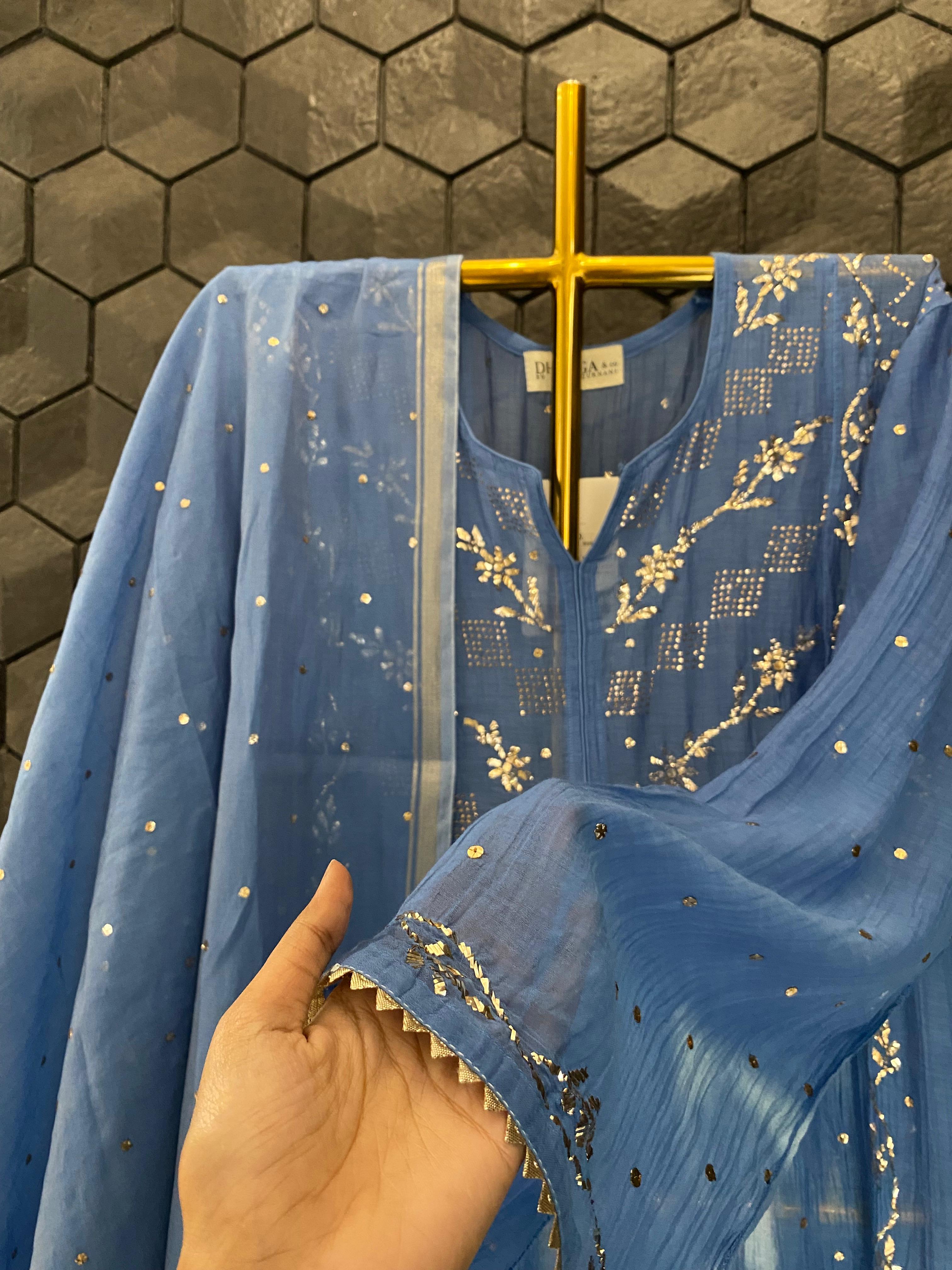 Cobalt blue mul chanderi mukaish kurta set