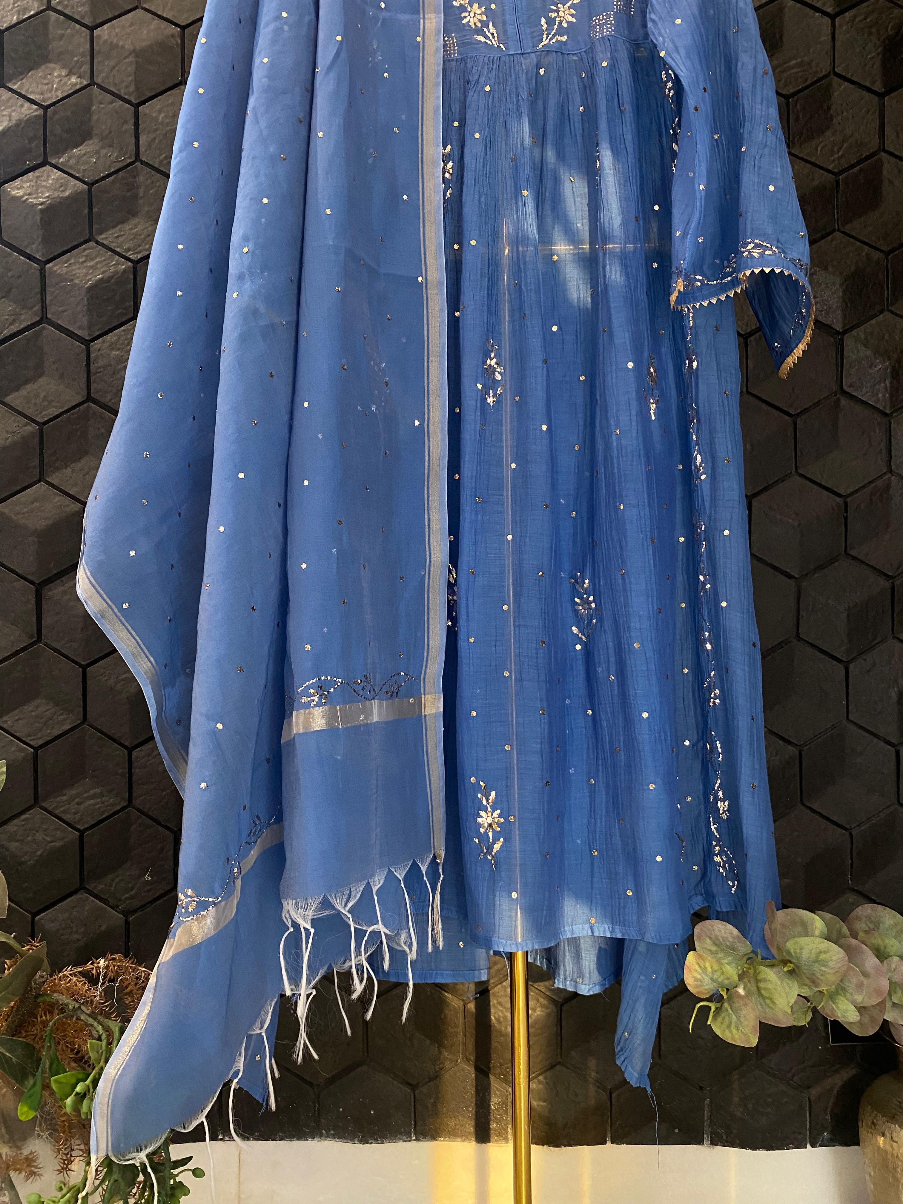 Cobalt blue mul chanderi mukaish kurta set