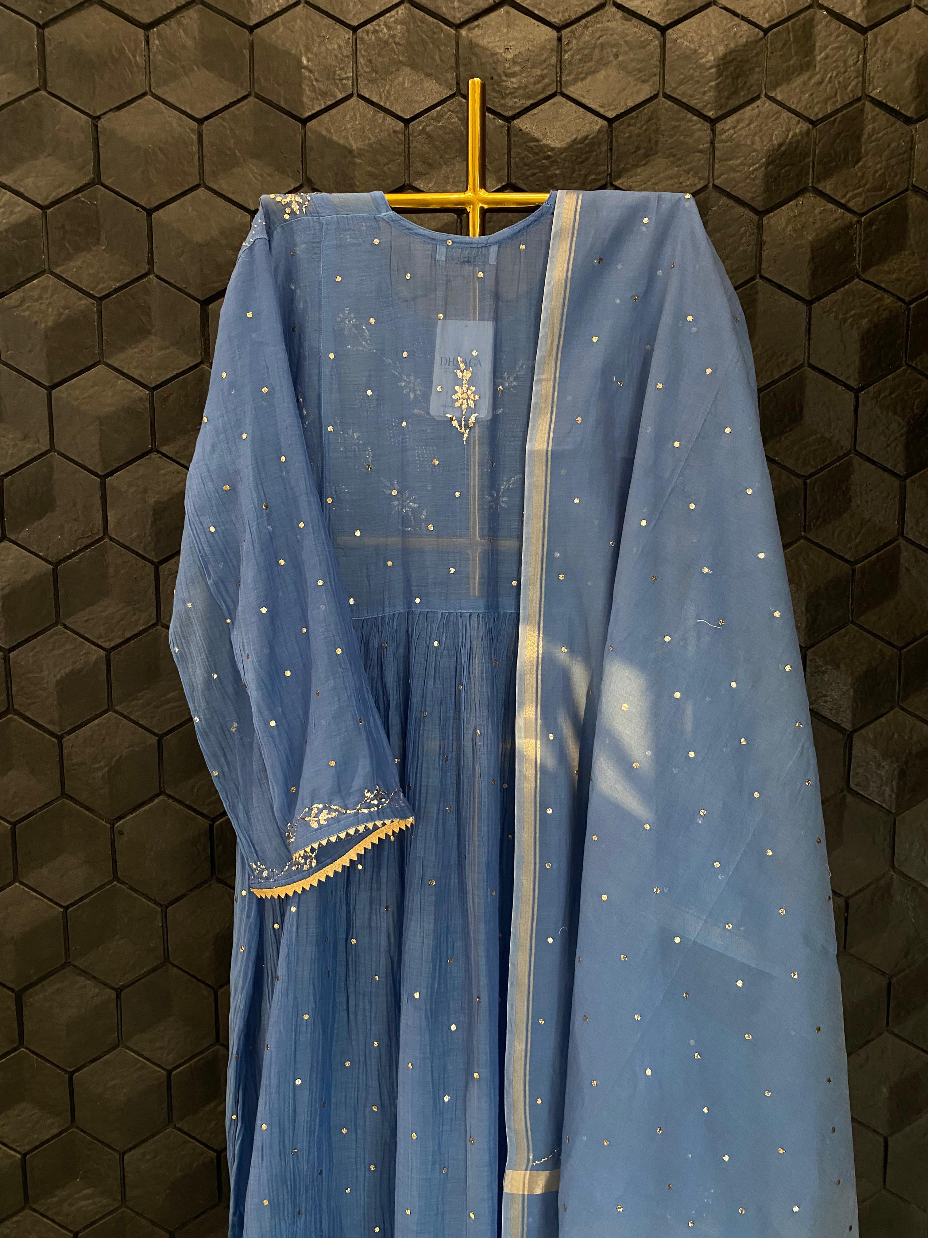 Cobalt blue mul chanderi mukaish kurta set