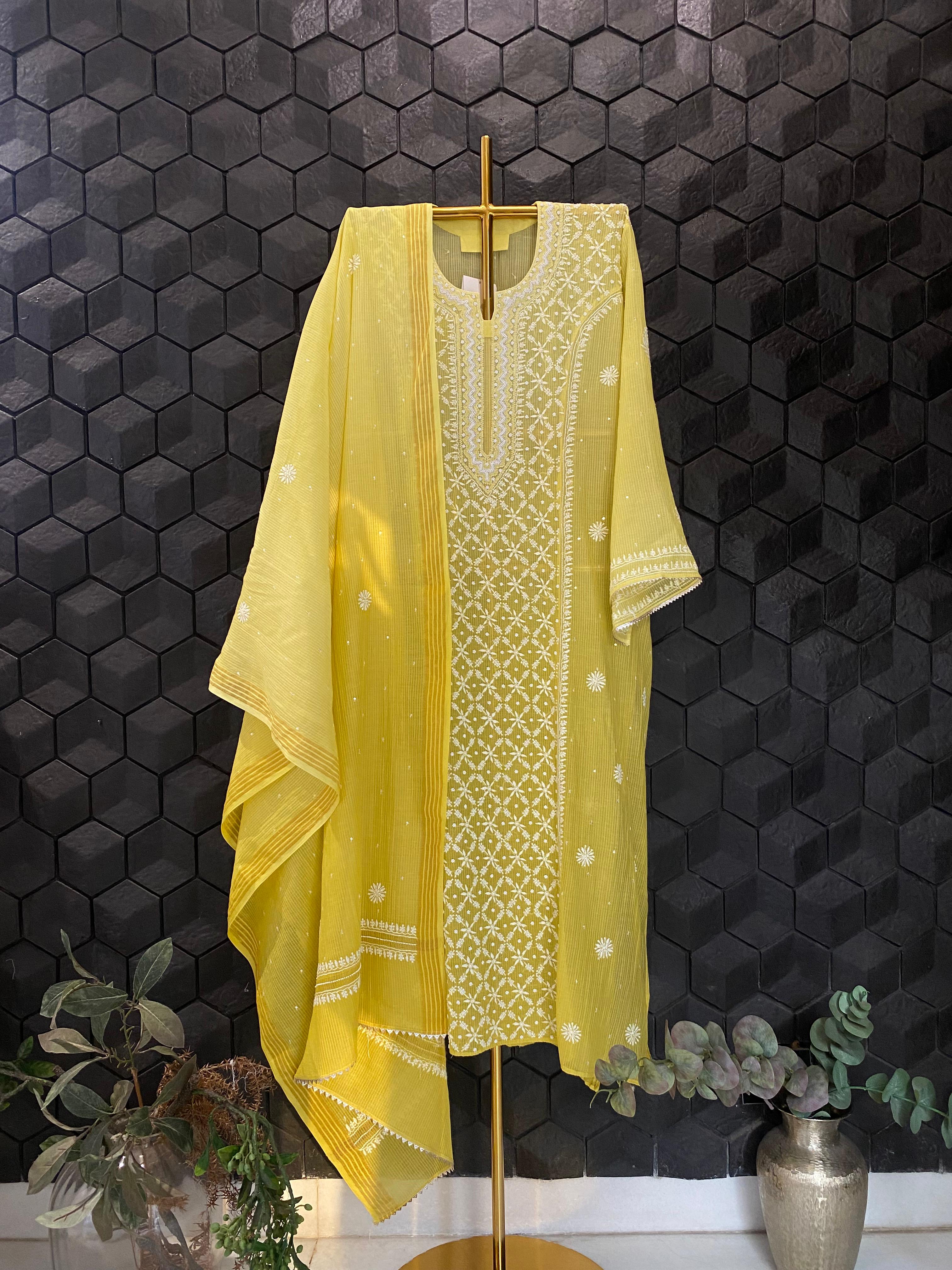 Lime green maheshwari chikankari kurta set