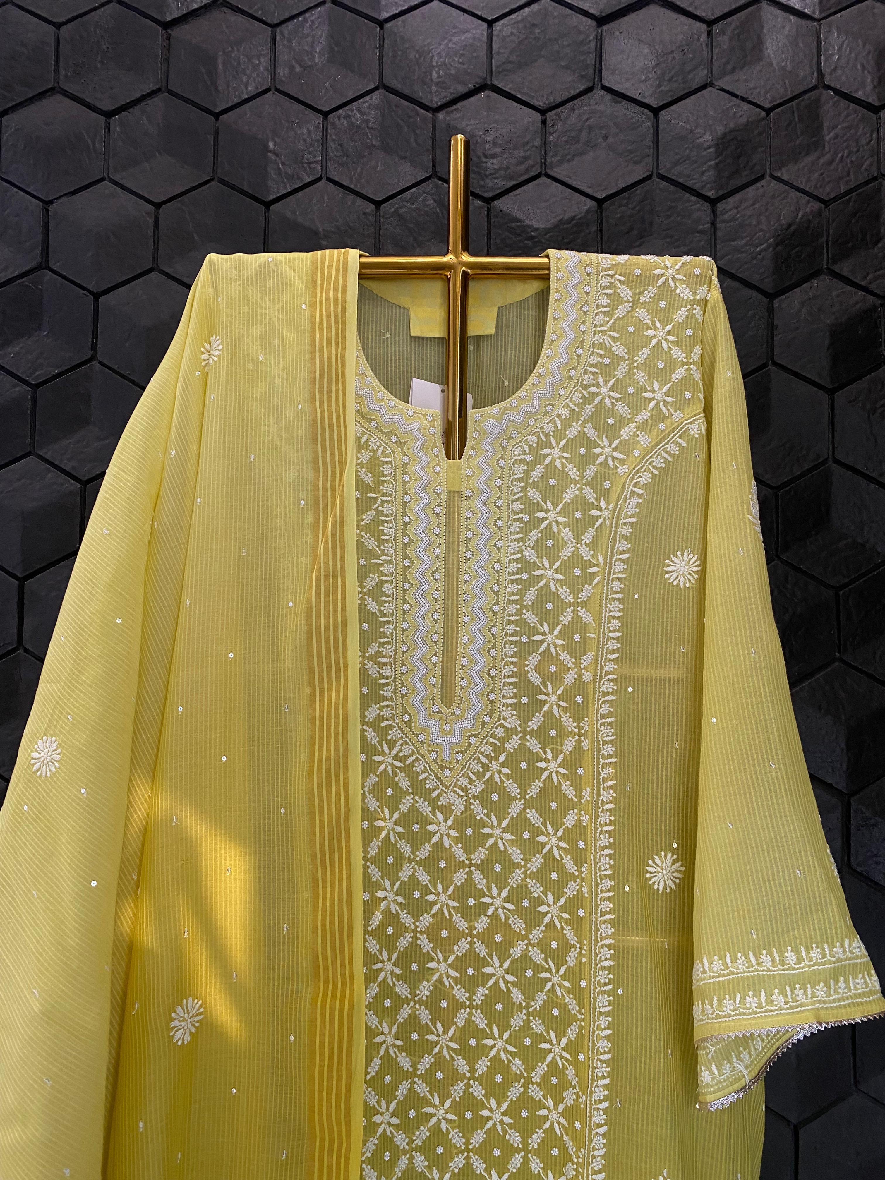 Lime green maheshwari chikankari kurta set