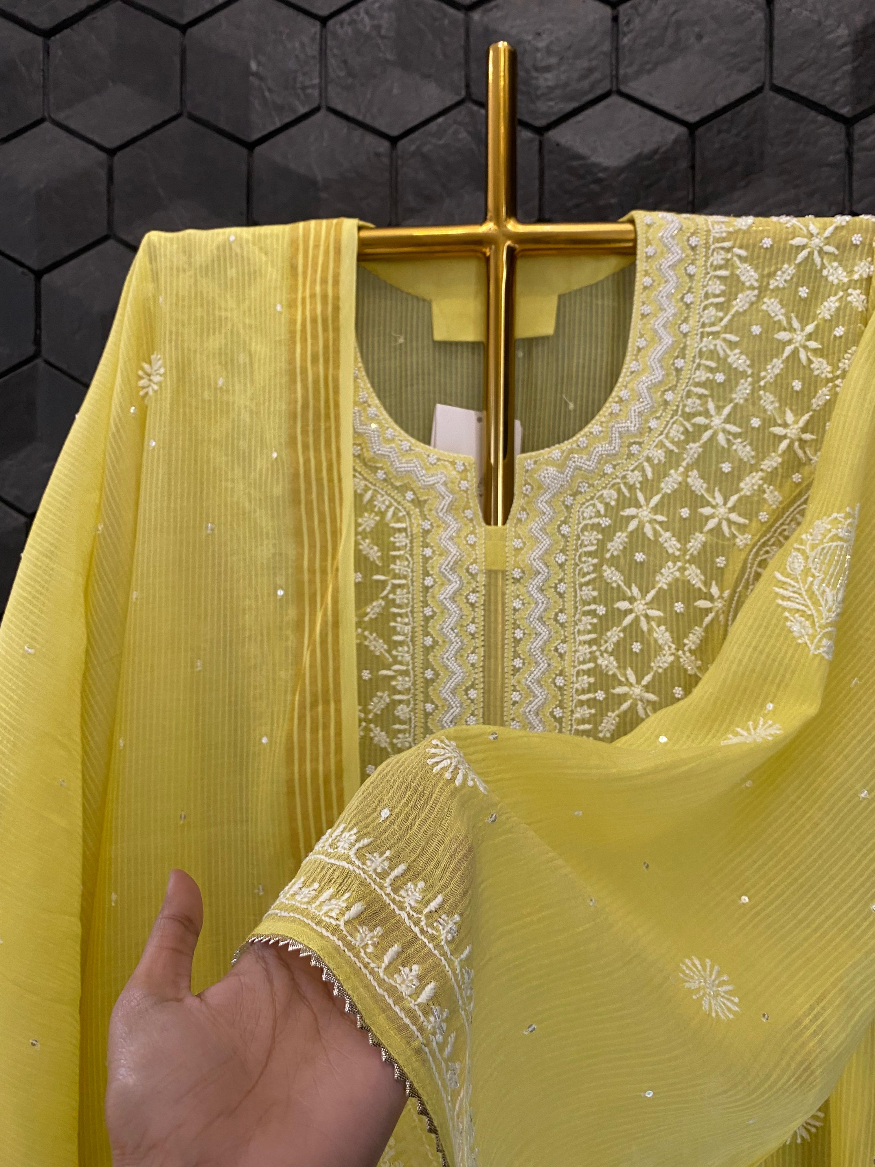 Lime green maheshwari chikankari kurta set