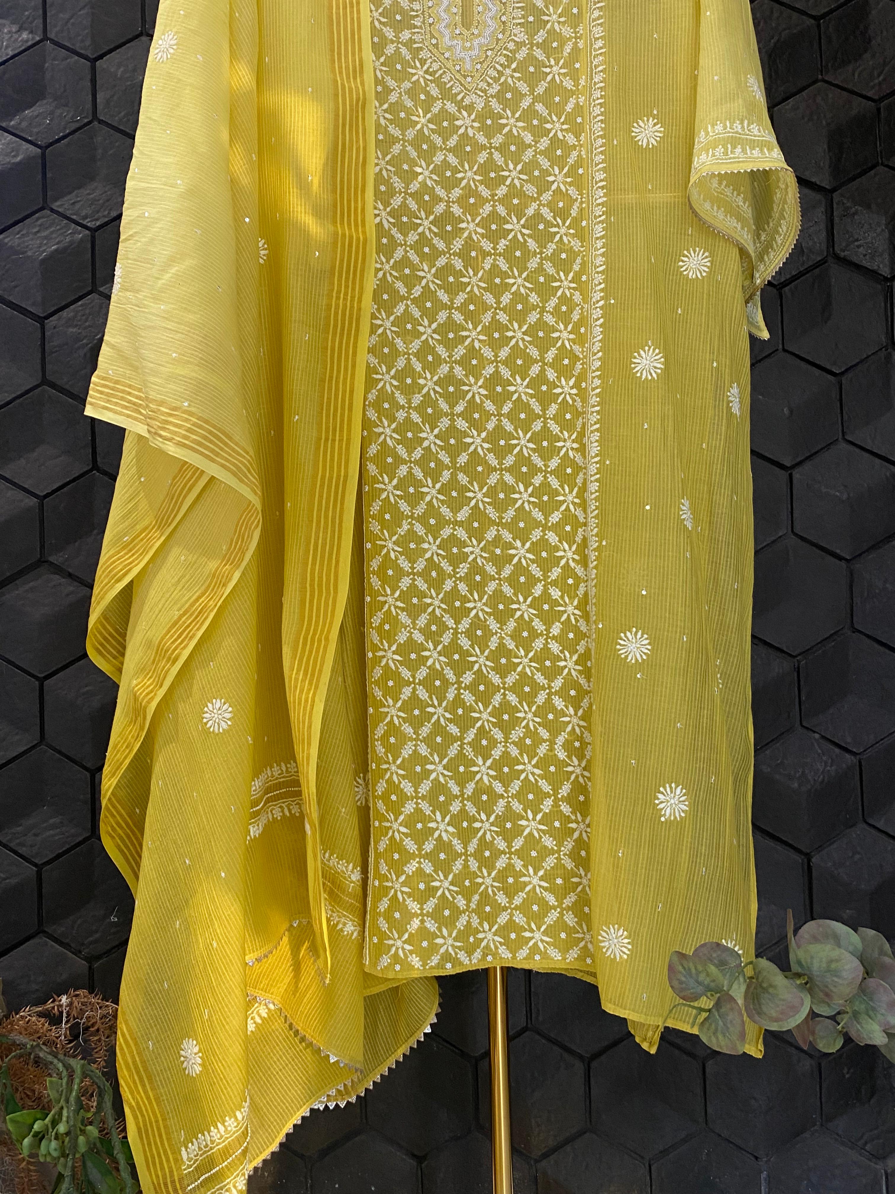 Lime green maheshwari chikankari kurta set