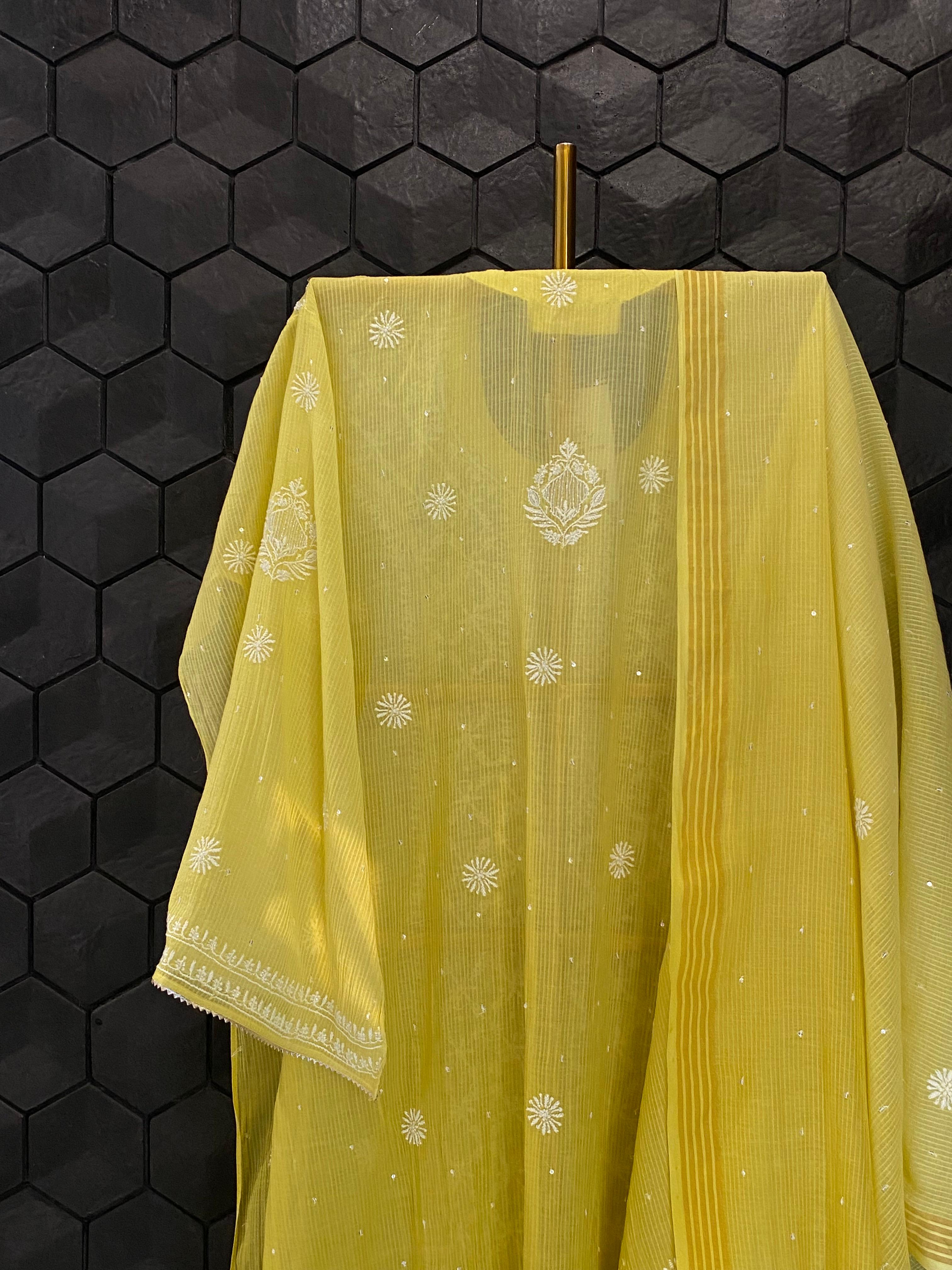 Lime green maheshwari chikankari kurta set