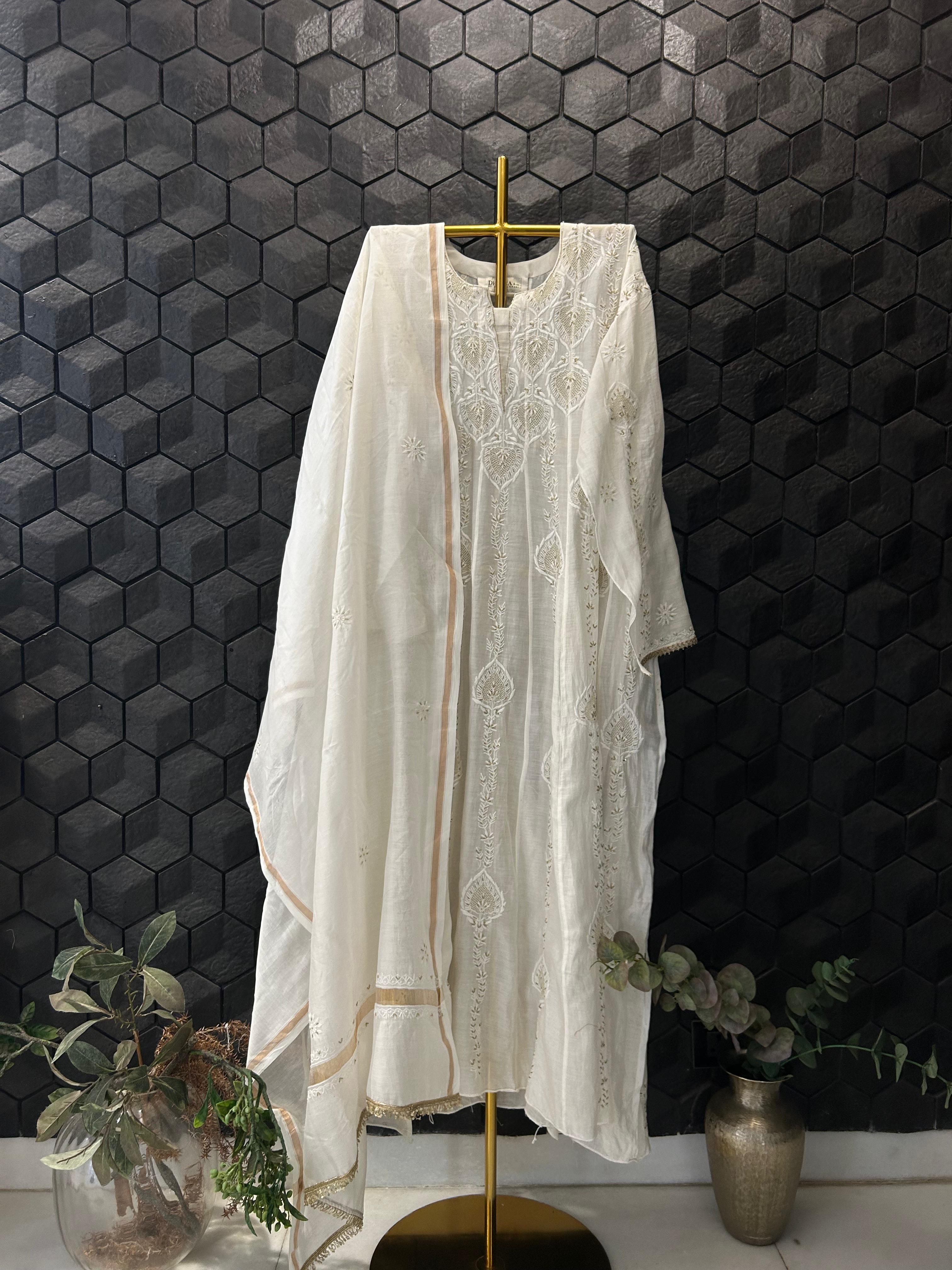 White mul chanderi chikankari anarkali set