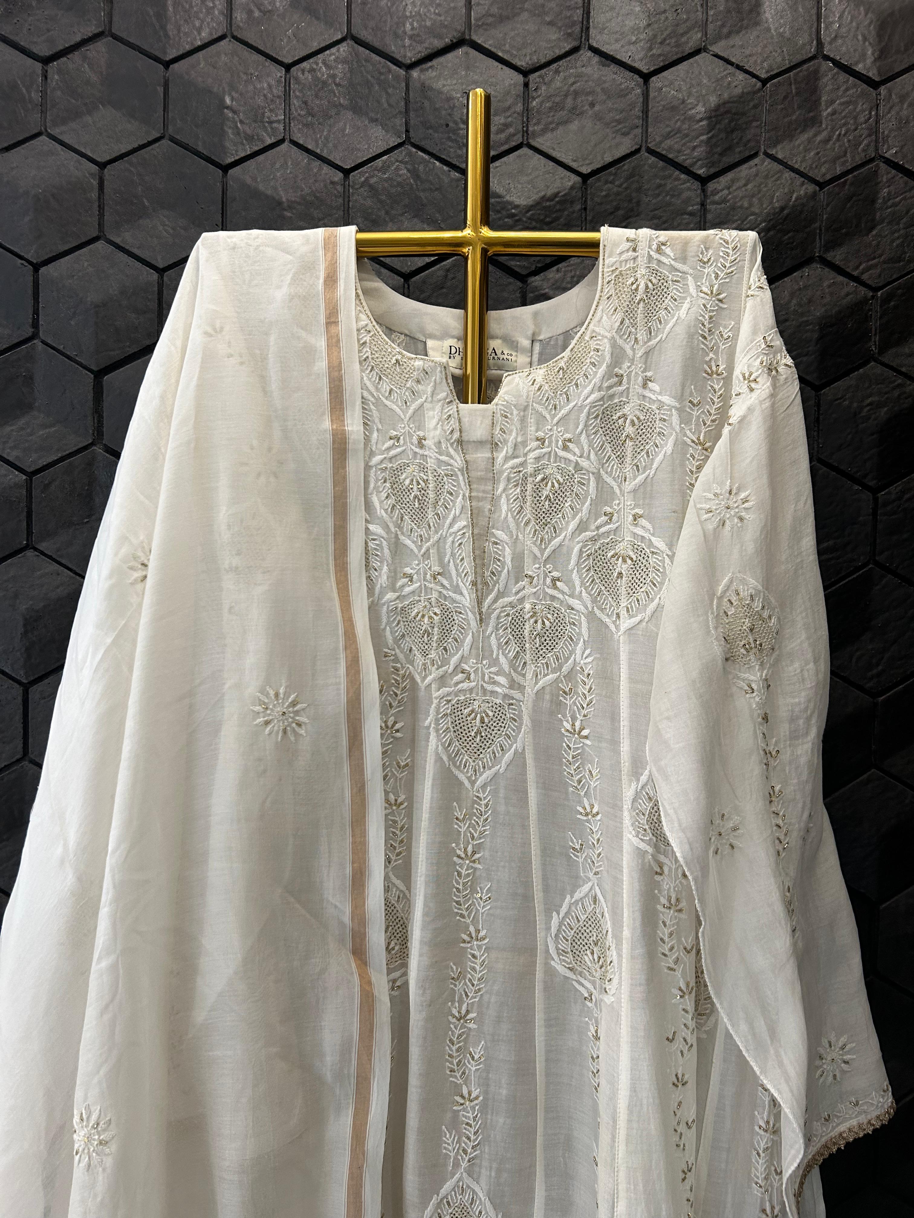 White mul chanderi chikankari anarkali set