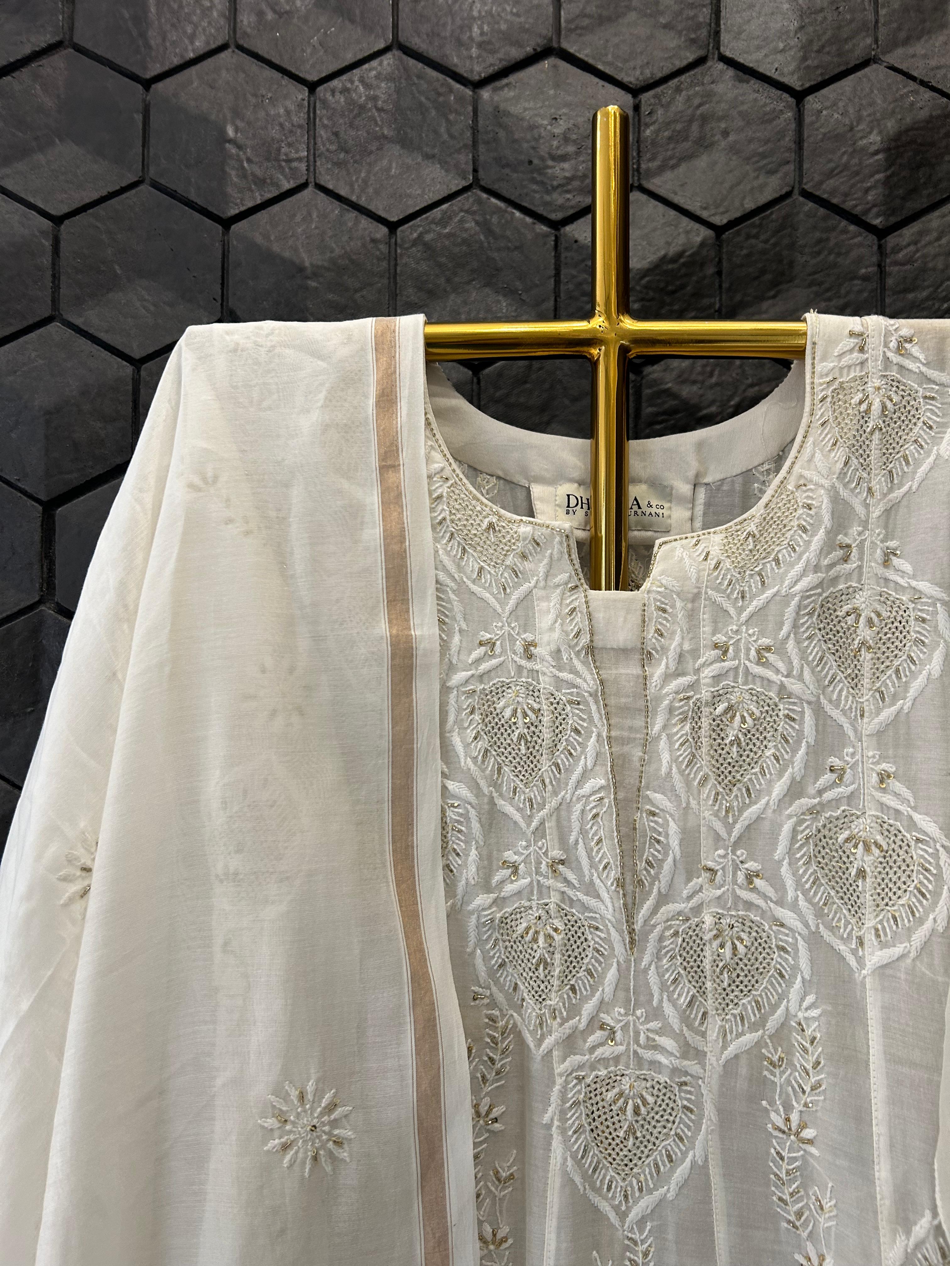 White mul chanderi chikankari anarkali set