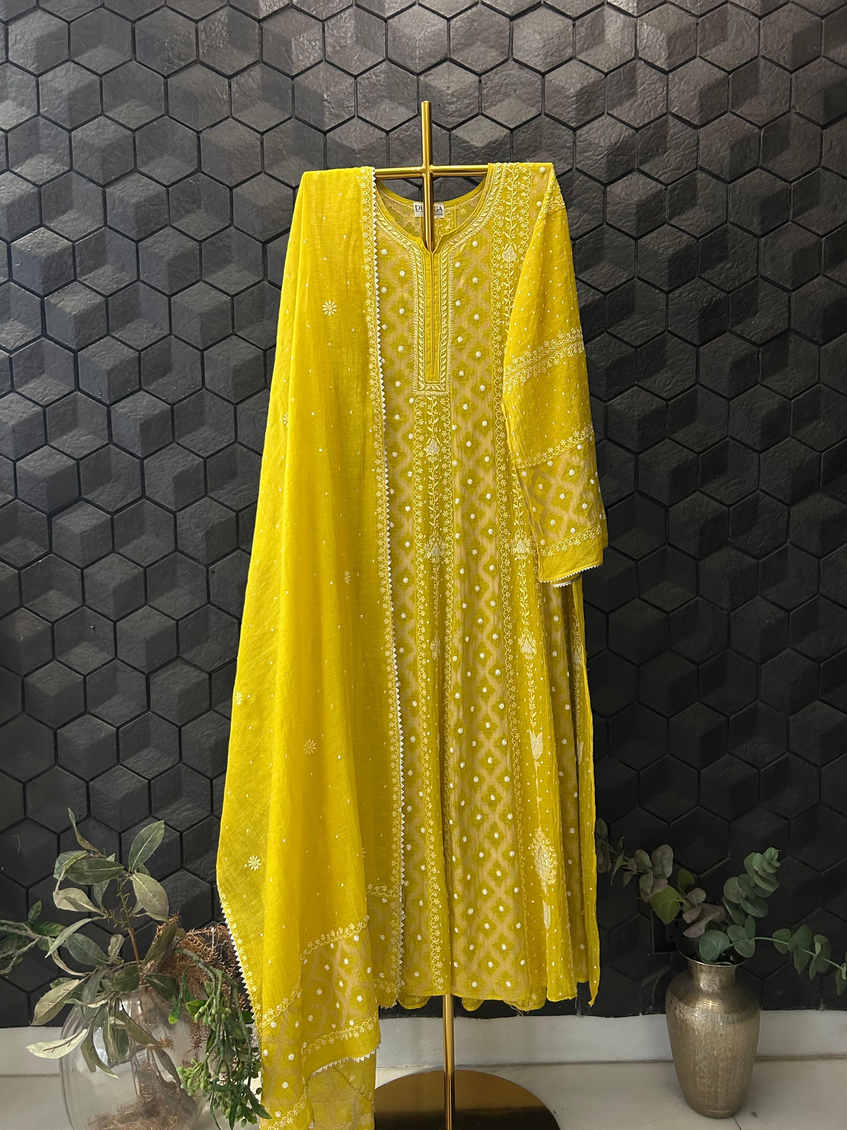 Lime green tissue chikankari anarkali set