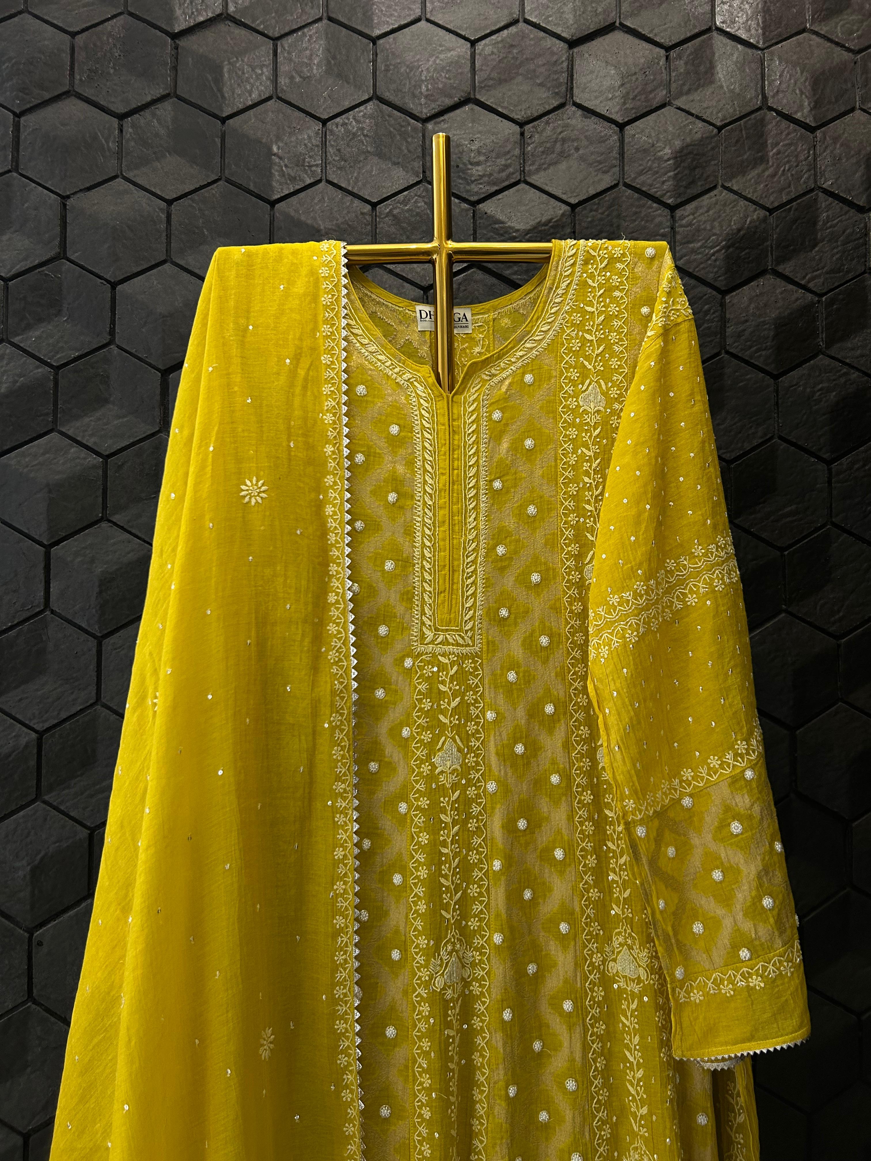 Lime green tissue chikankari anarkali set