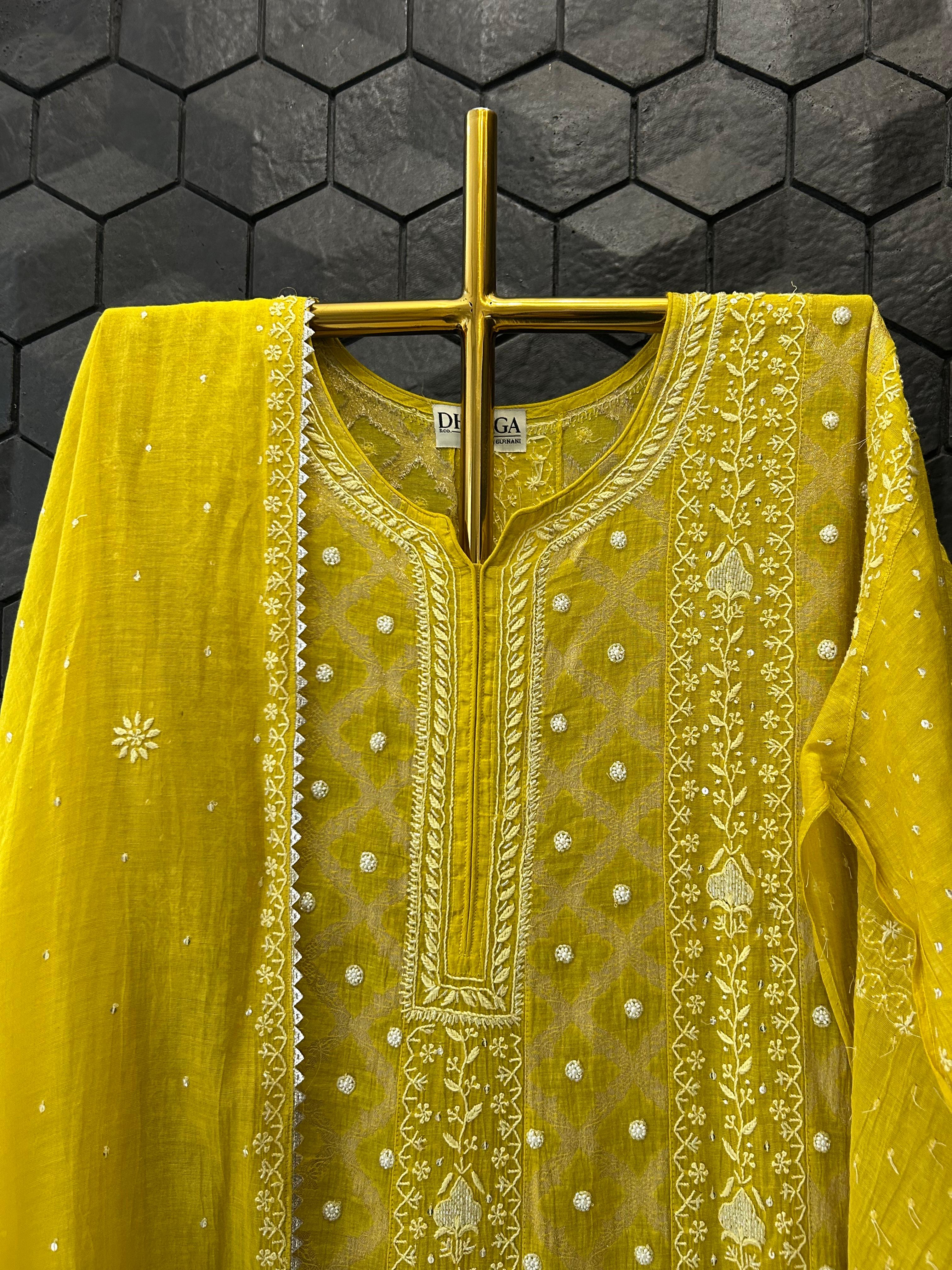 Lime green tissue chikankari anarkali set