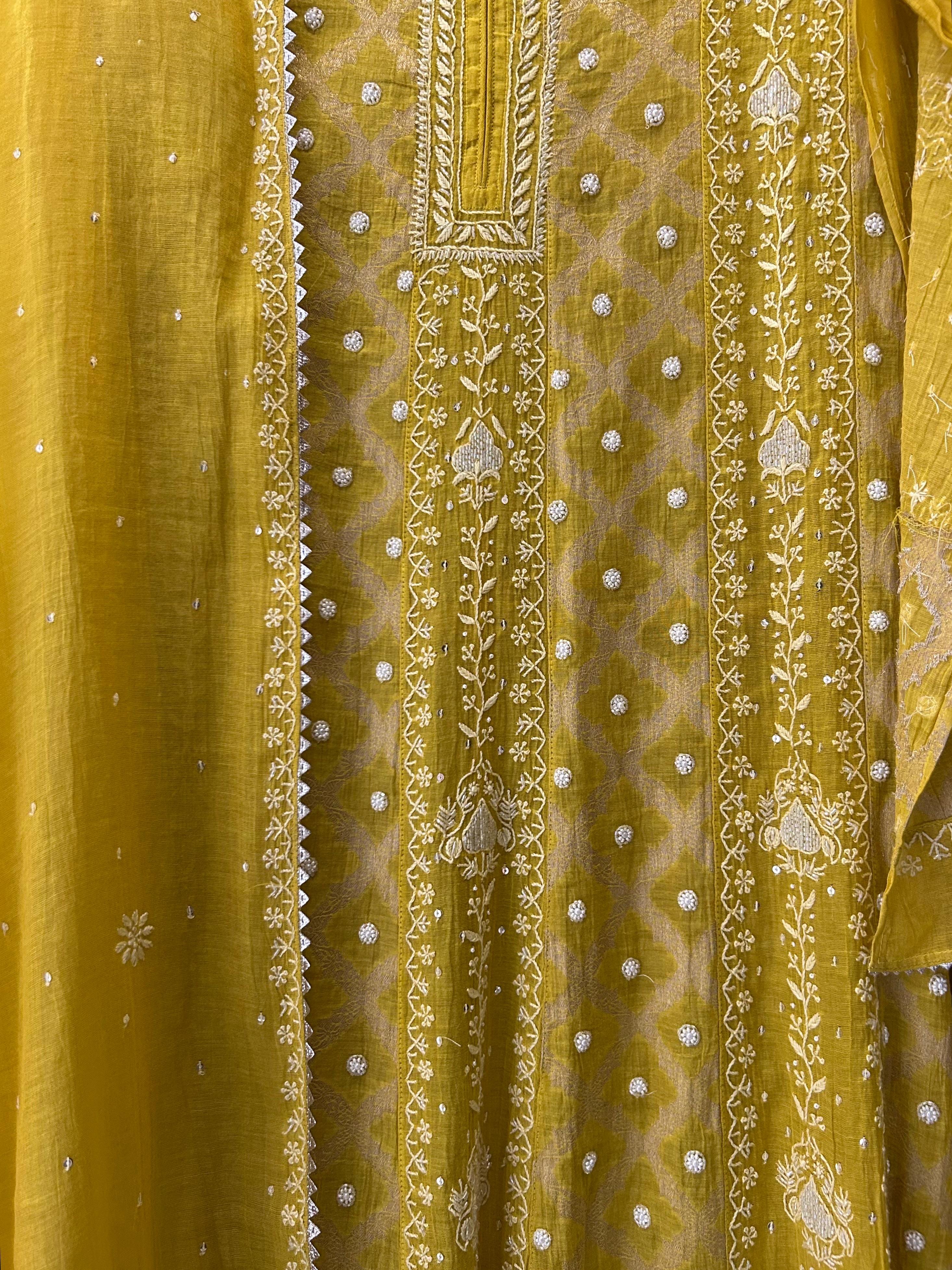 Lime green tissue chikankari anarkali set