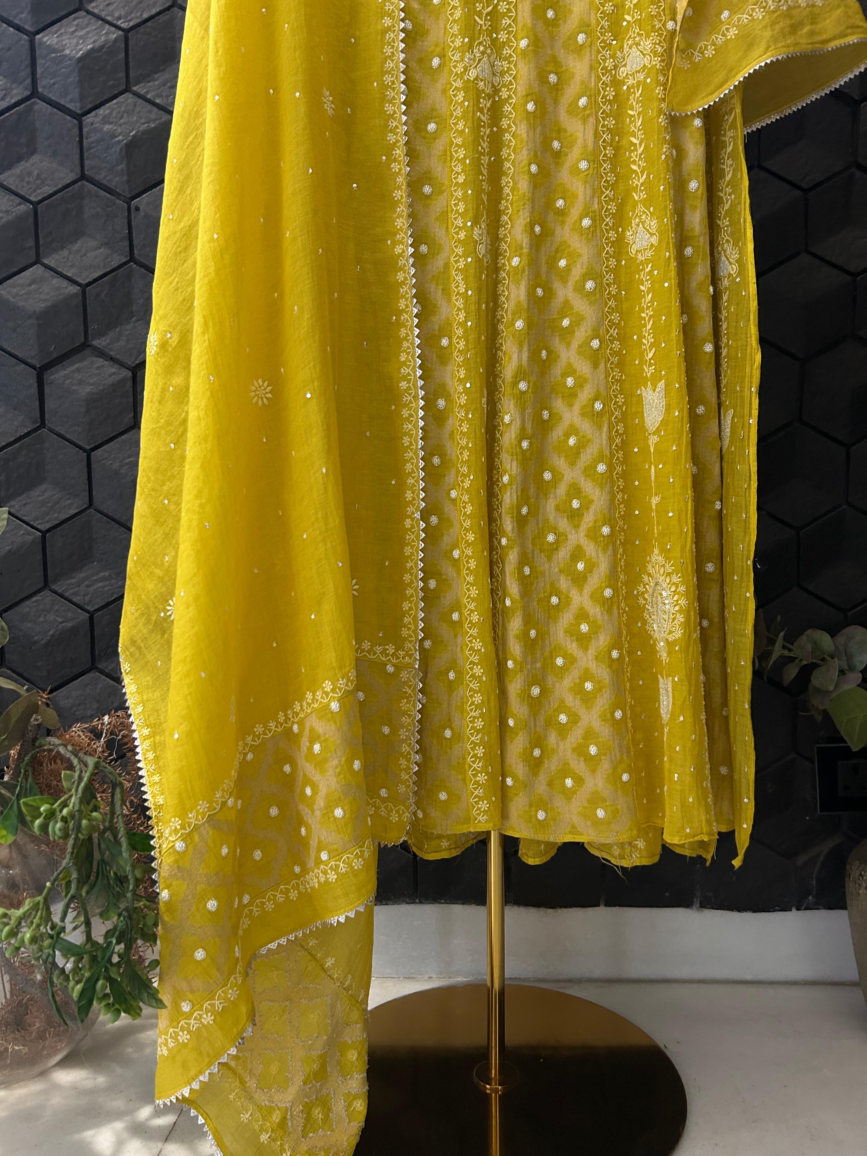 Lime green tissue chikankari anarkali set