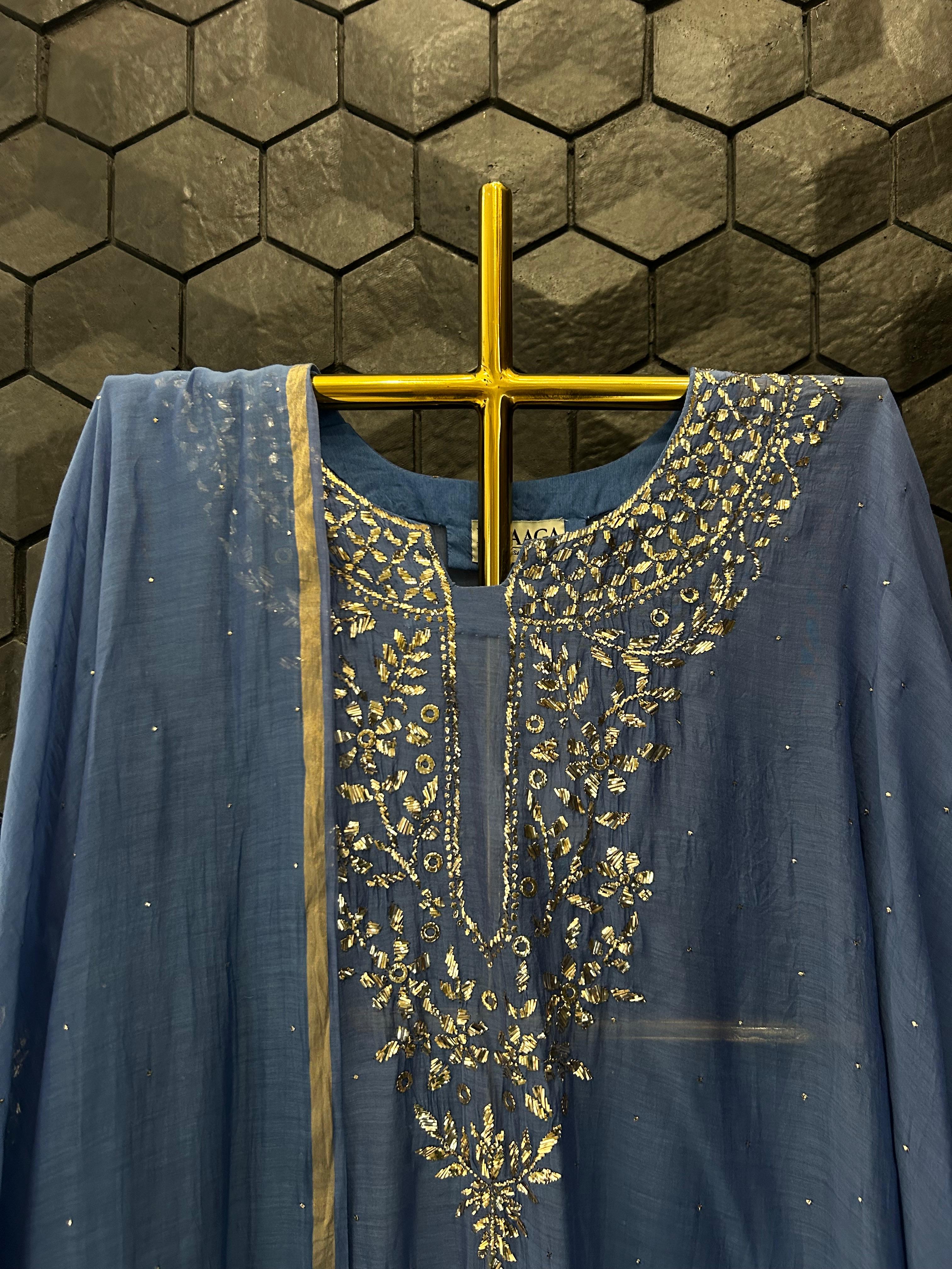 Cobalt blue mul chanderi mukaish kurta set