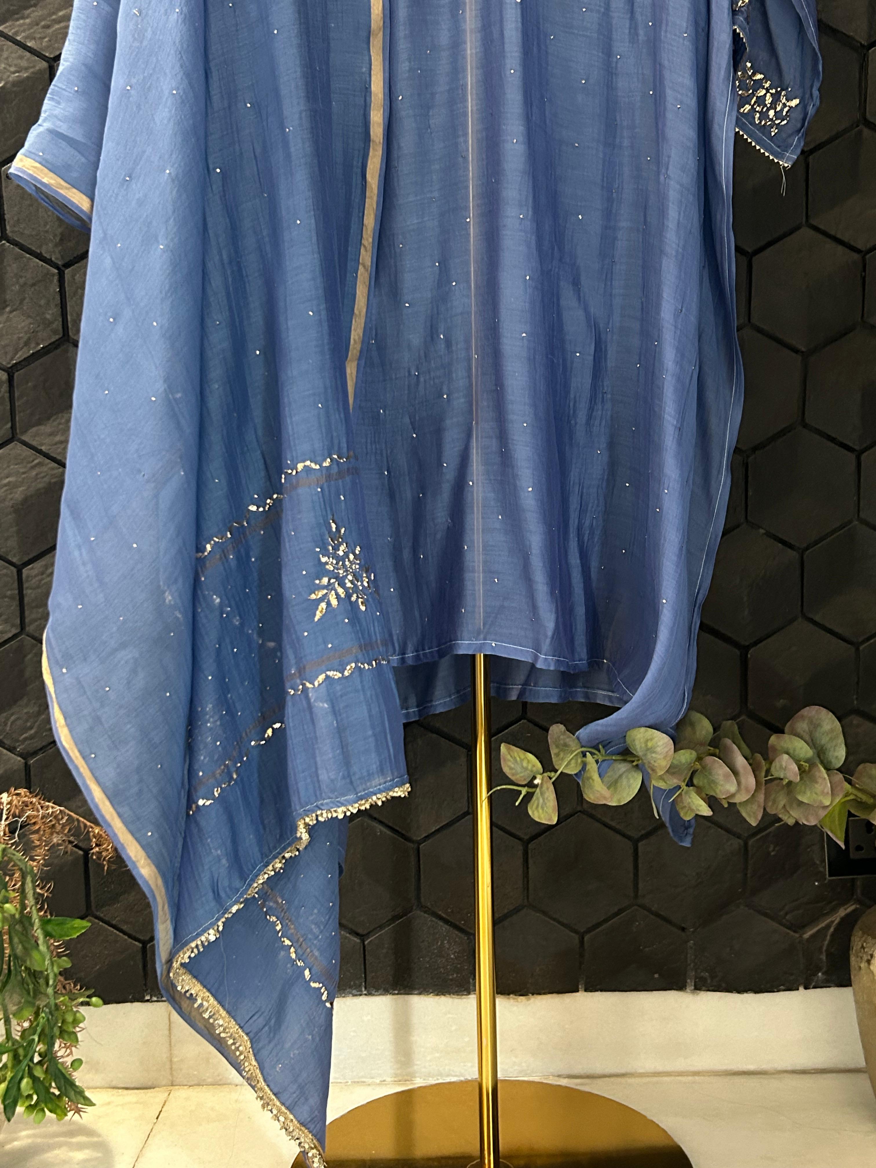 Cobalt blue mul chanderi mukaish kurta set