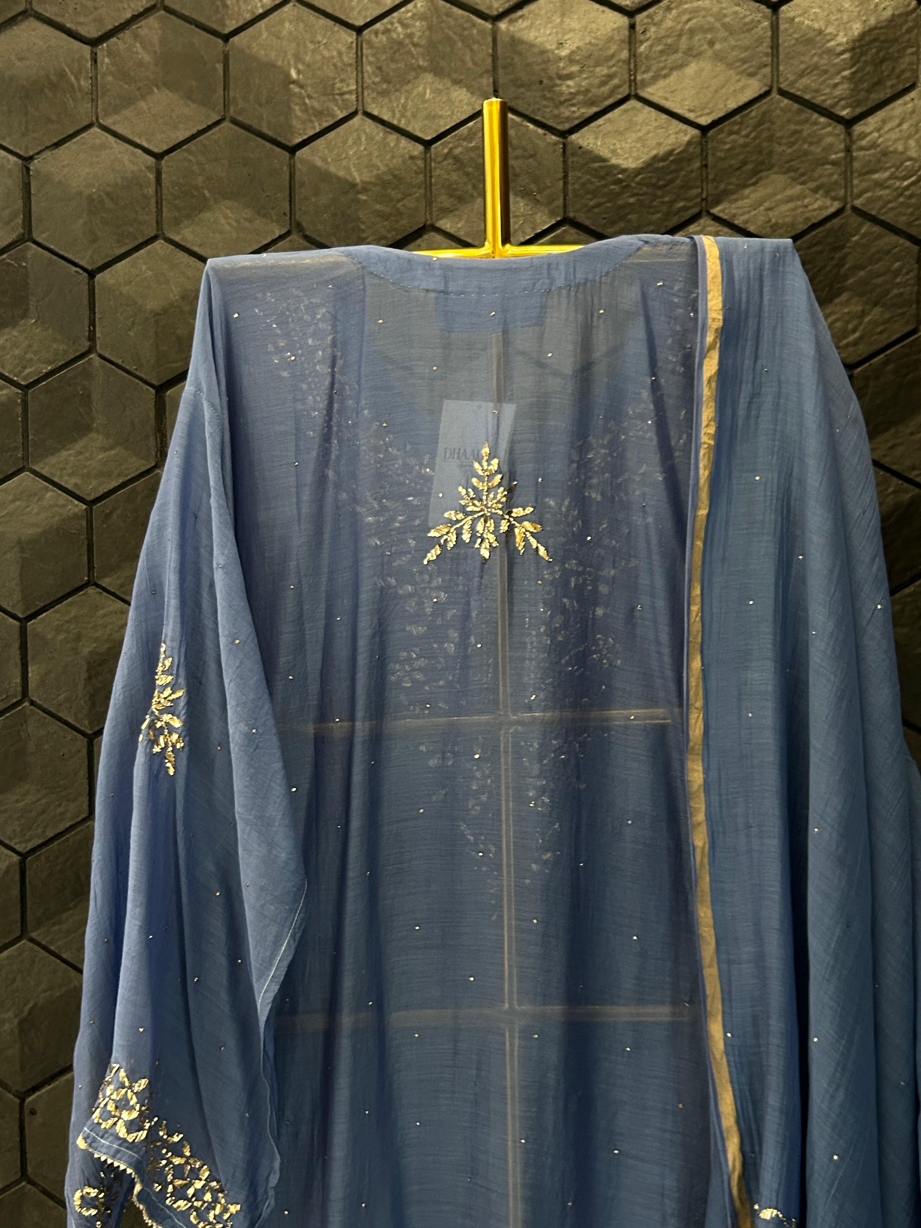Cobalt blue mul chanderi mukaish kurta set