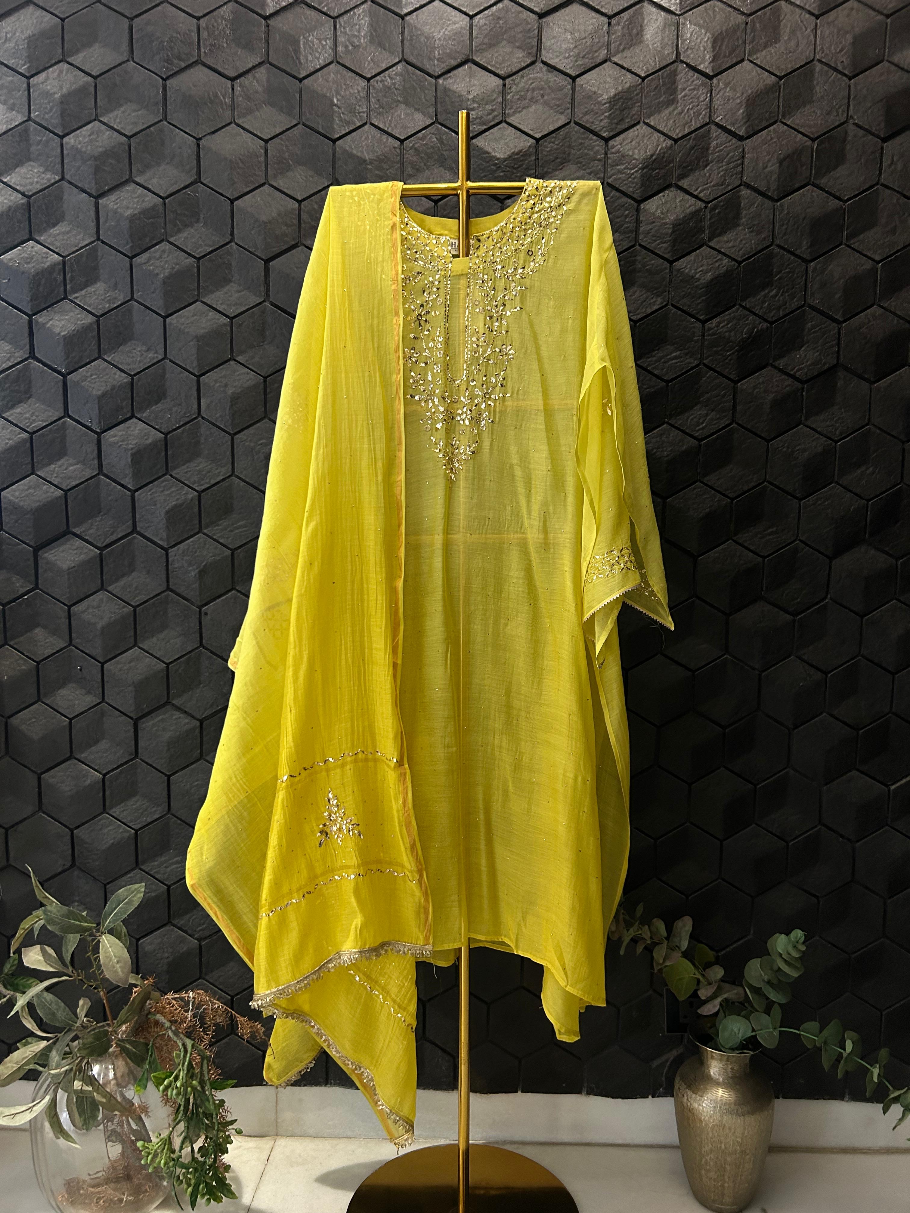Lime yellow mul chanderi mukaish kurta set