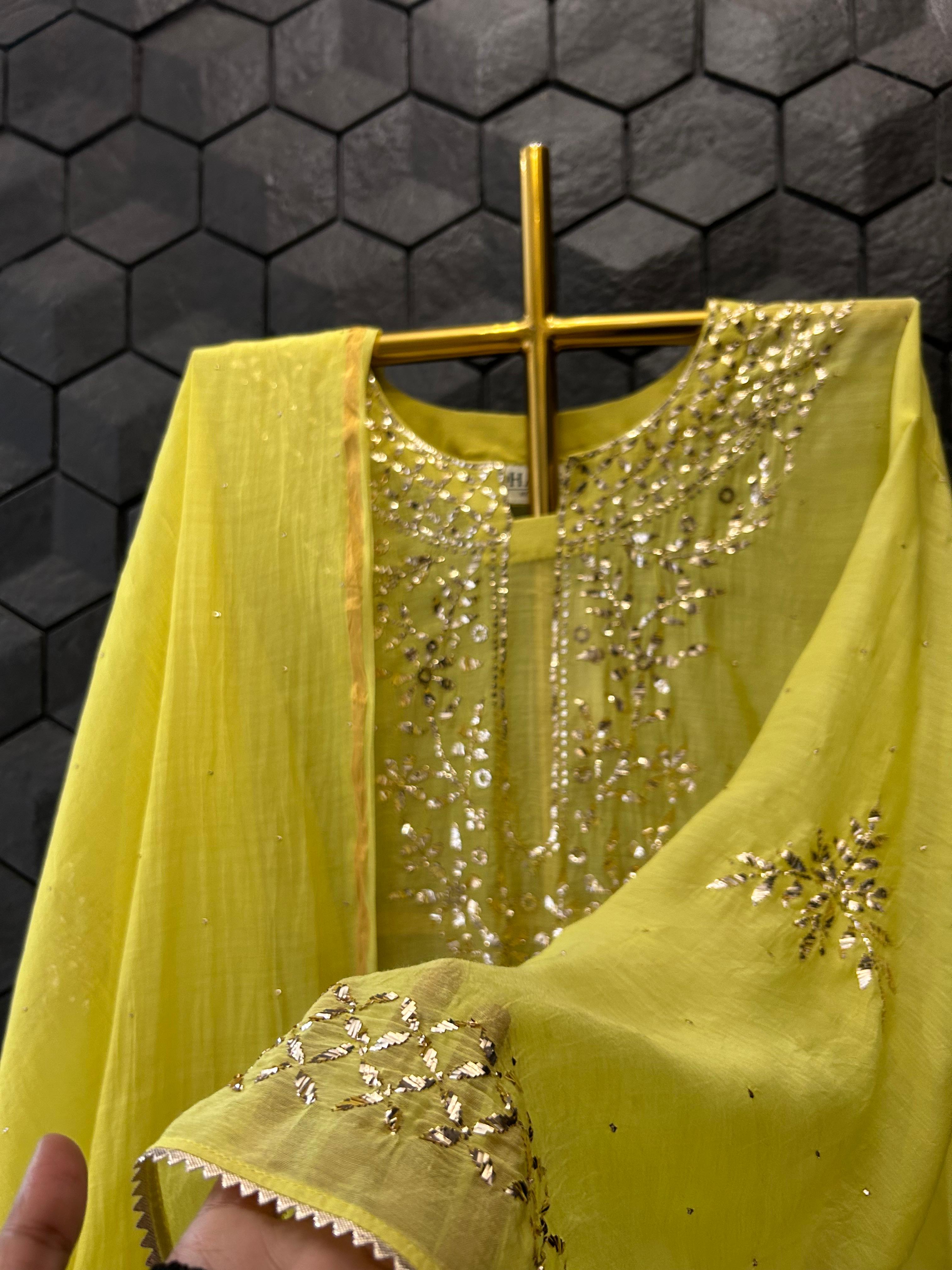 Lime yellow mul chanderi mukaish kurta set