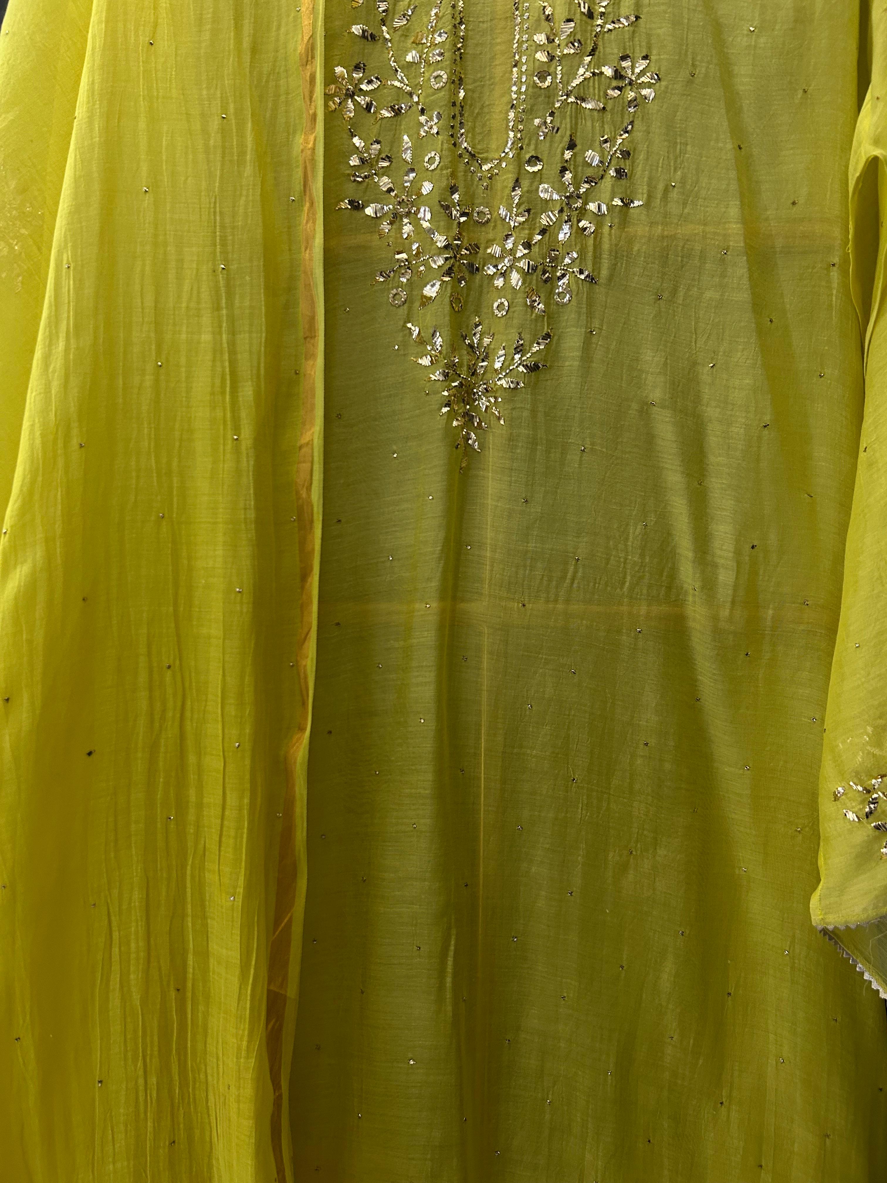 Lime yellow mul chanderi mukaish kurta set