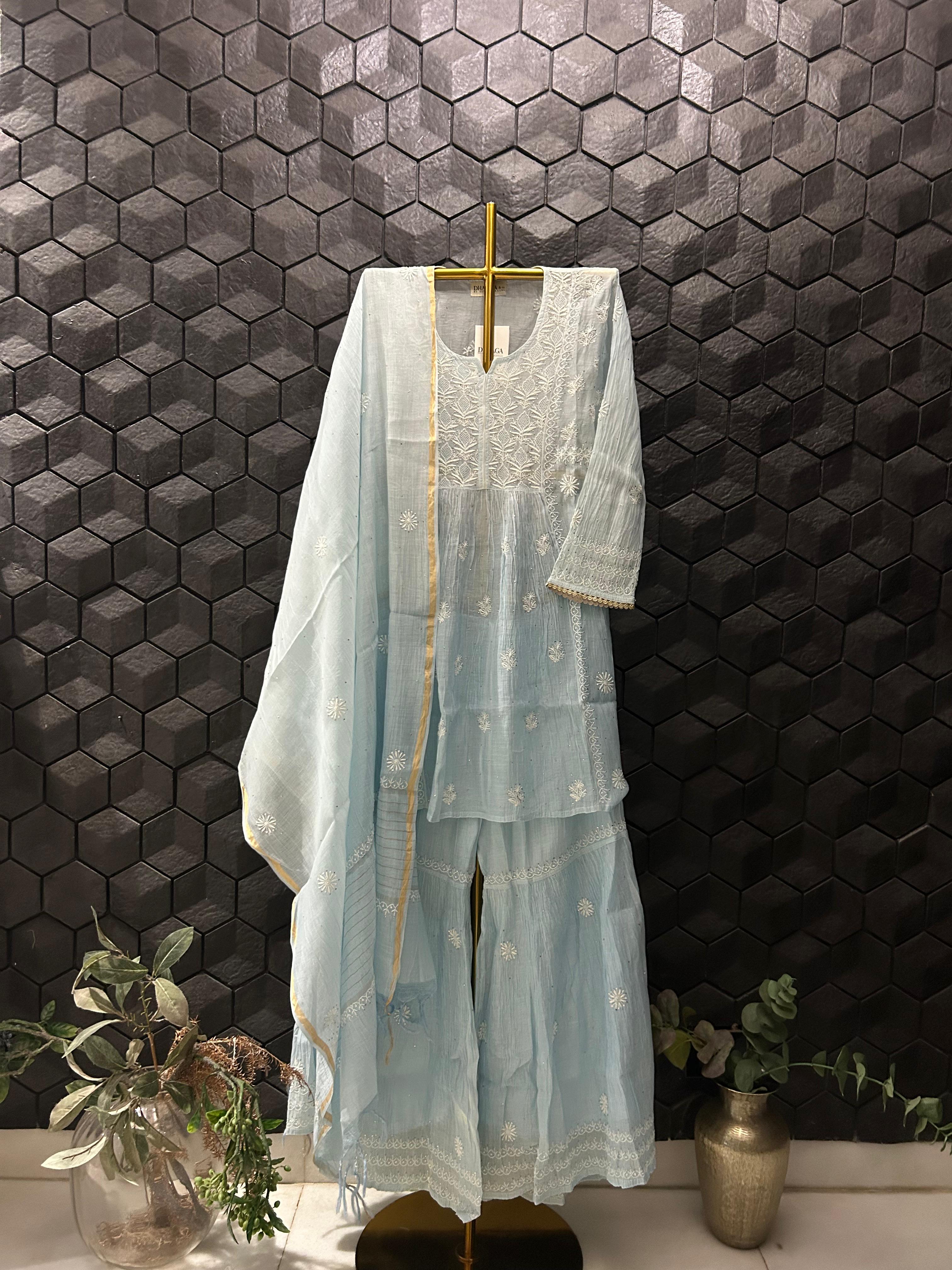 Sky Blue mul chanderi chikankari sharara set
