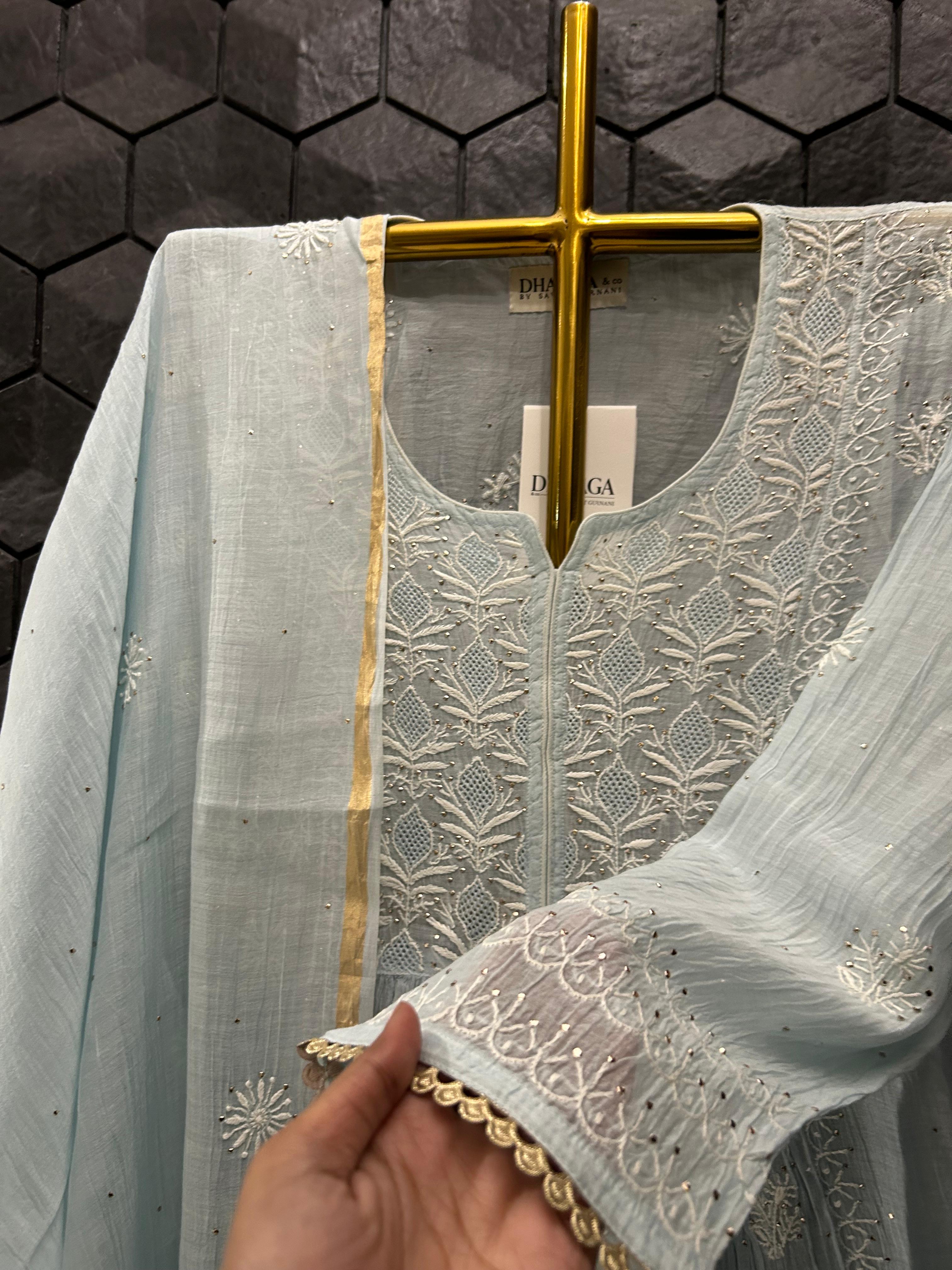 Sky Blue mul chanderi chikankari sharara set