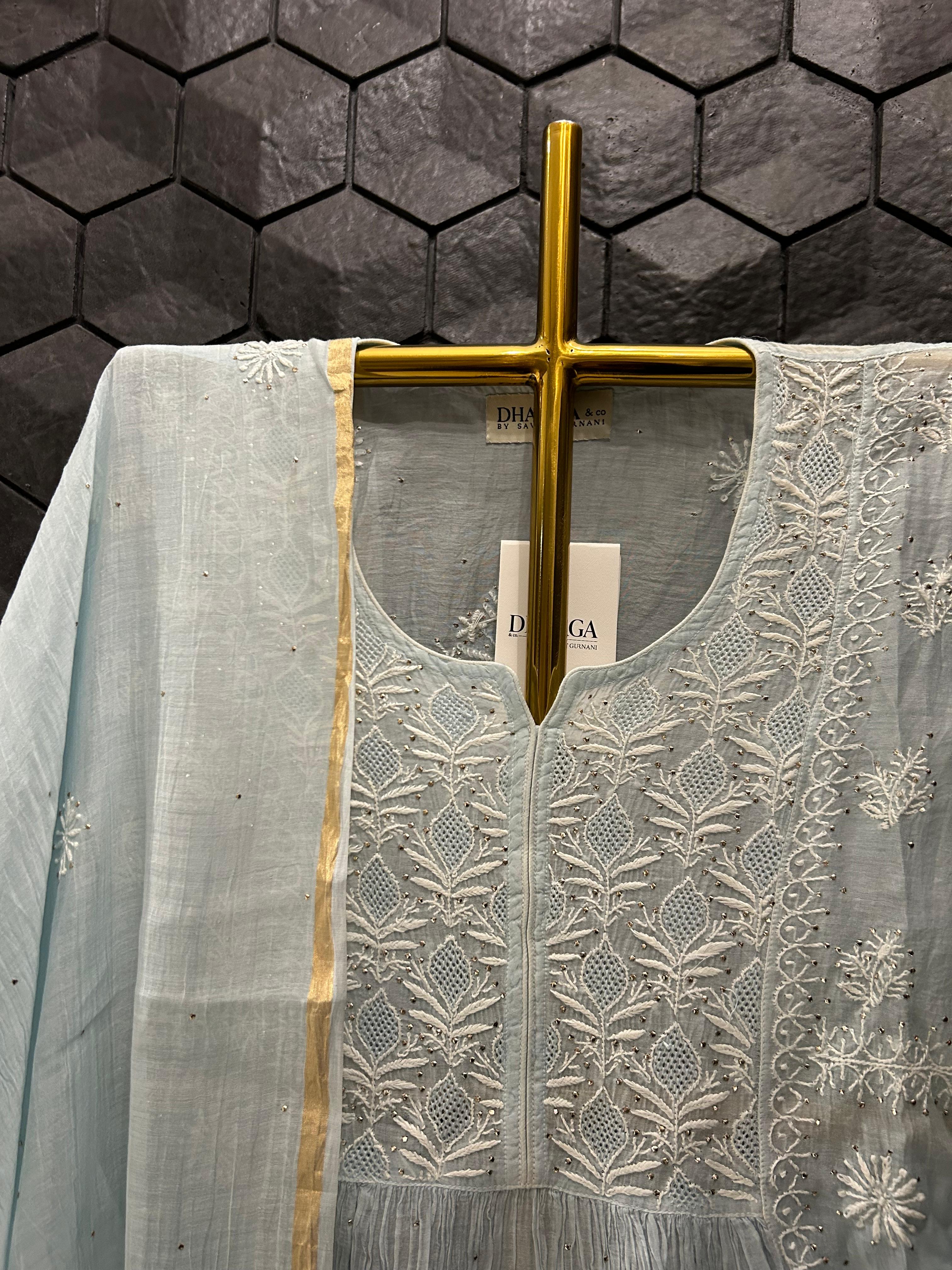 Sky Blue mul chanderi chikankari sharara set