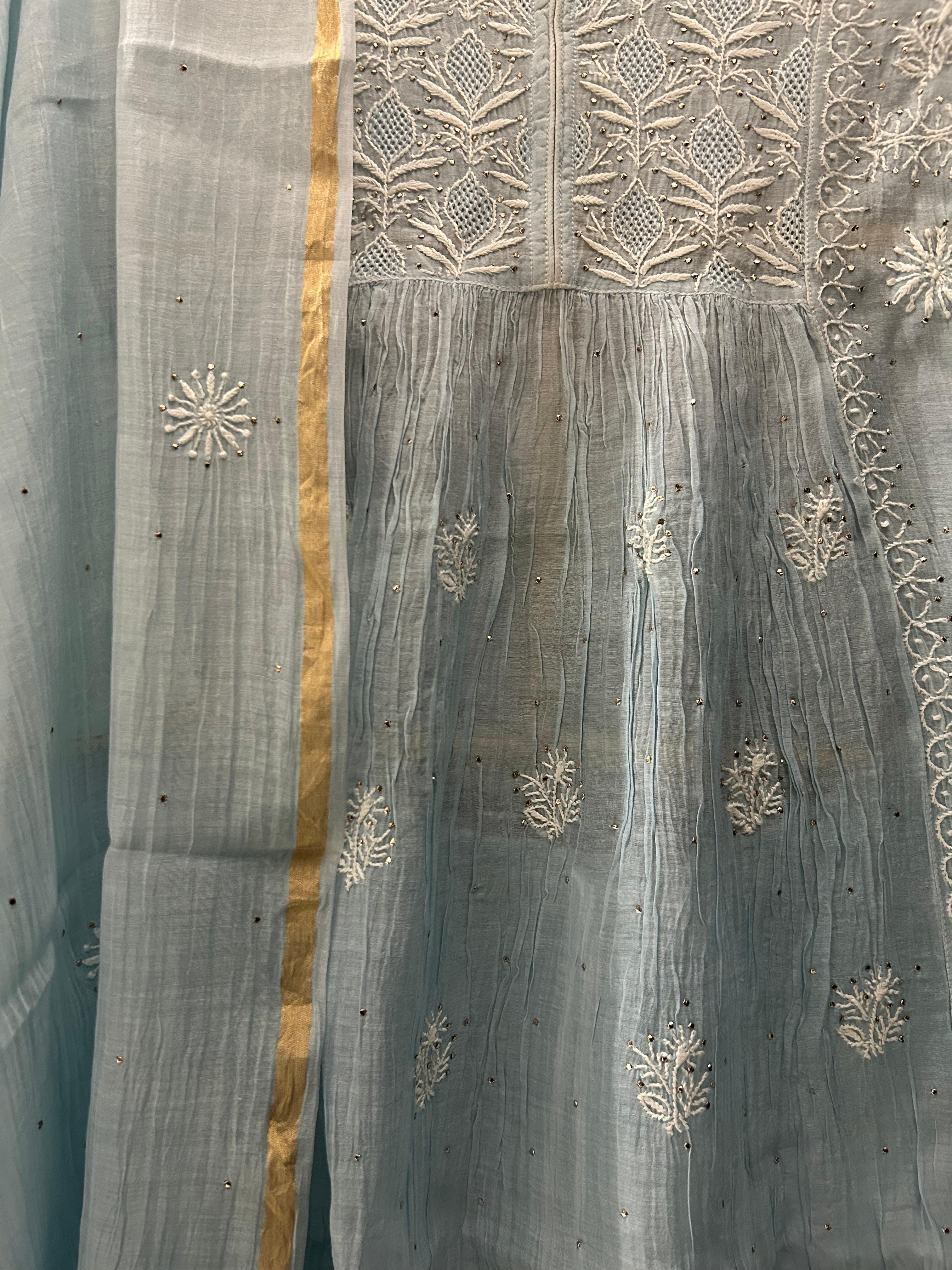 Sky Blue mul chanderi chikankari sharara set