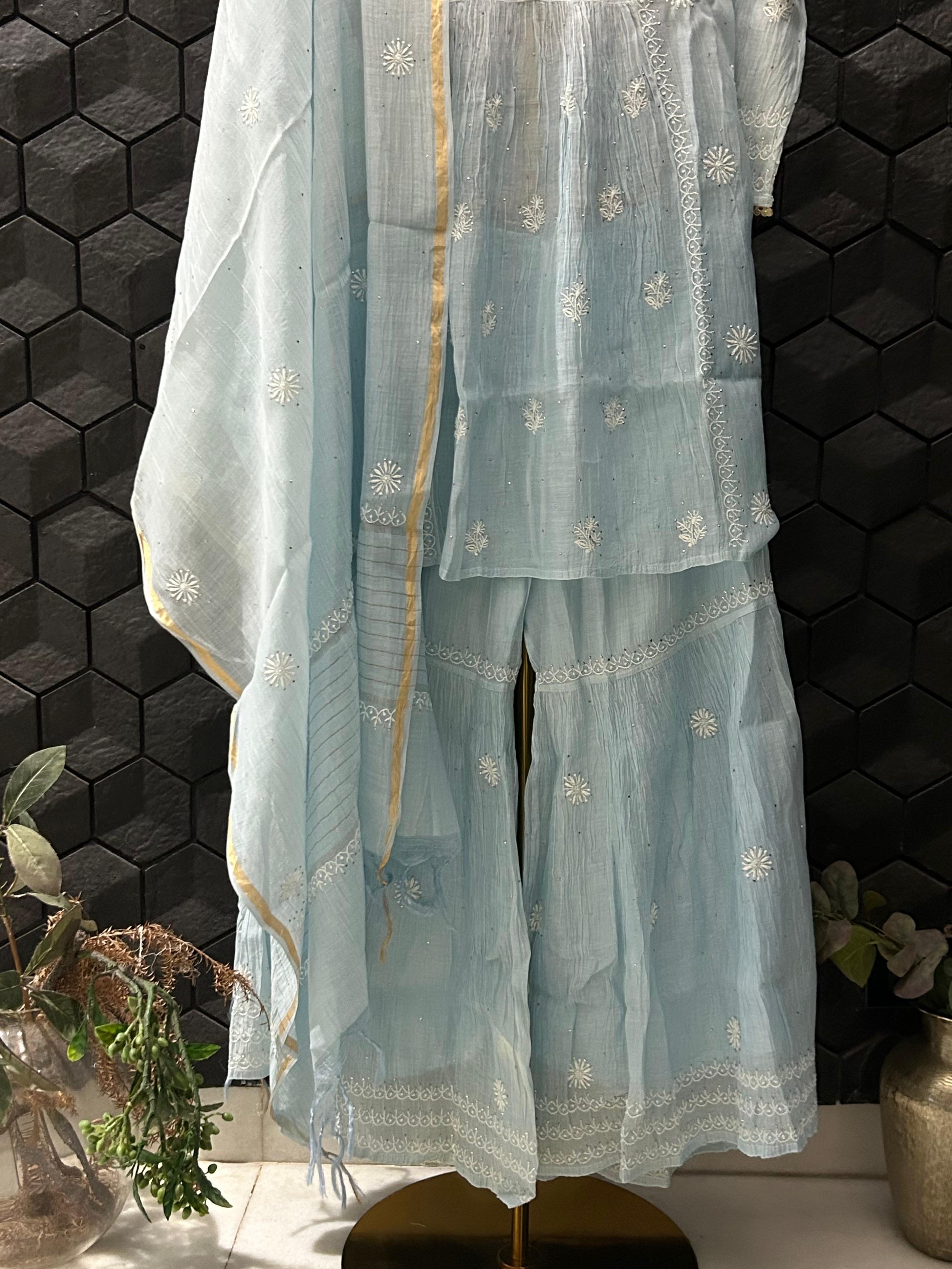 Sky Blue mul chanderi chikankari sharara set