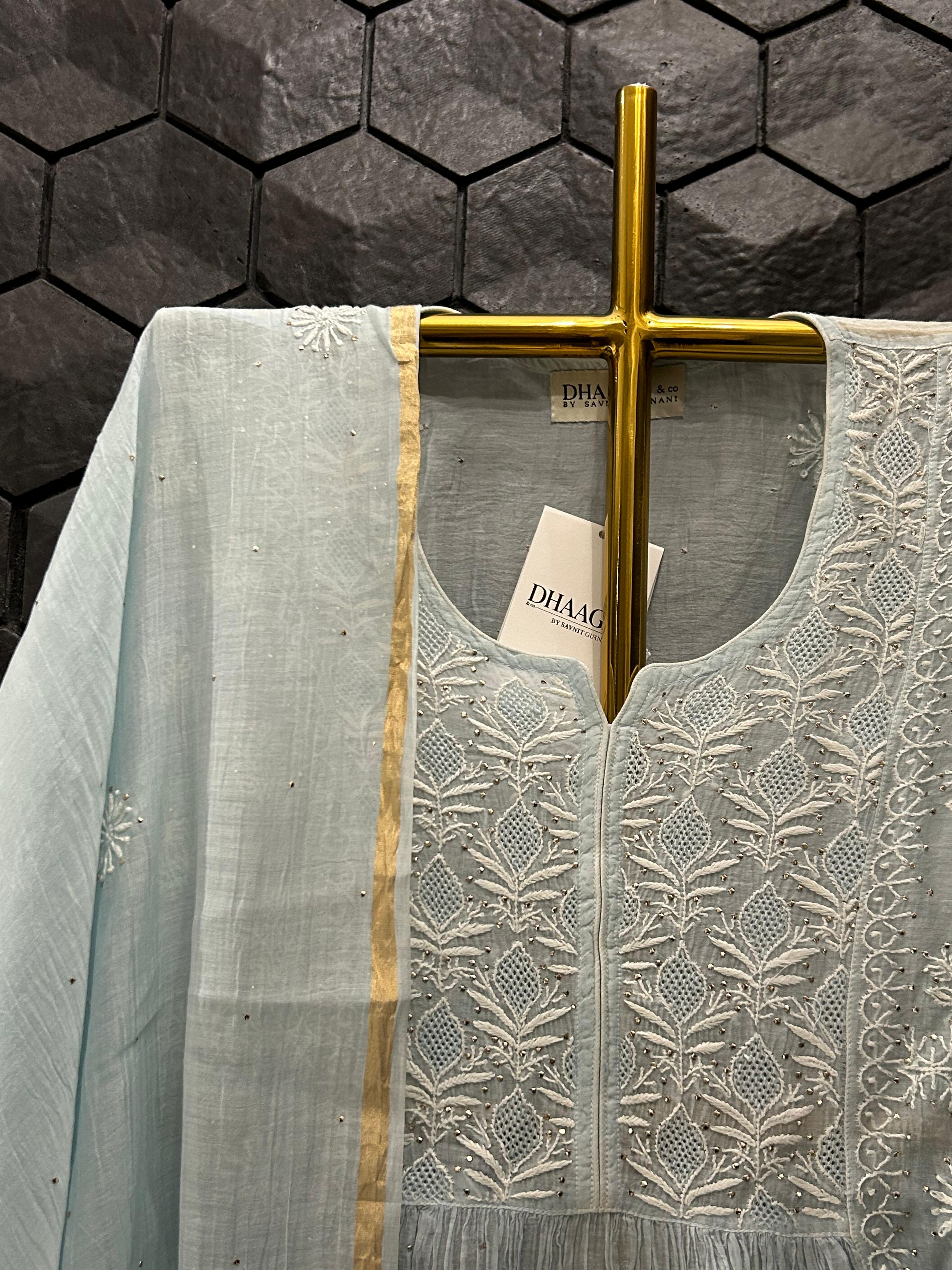 Sky Blue mul chanderi chikankari sharara set
