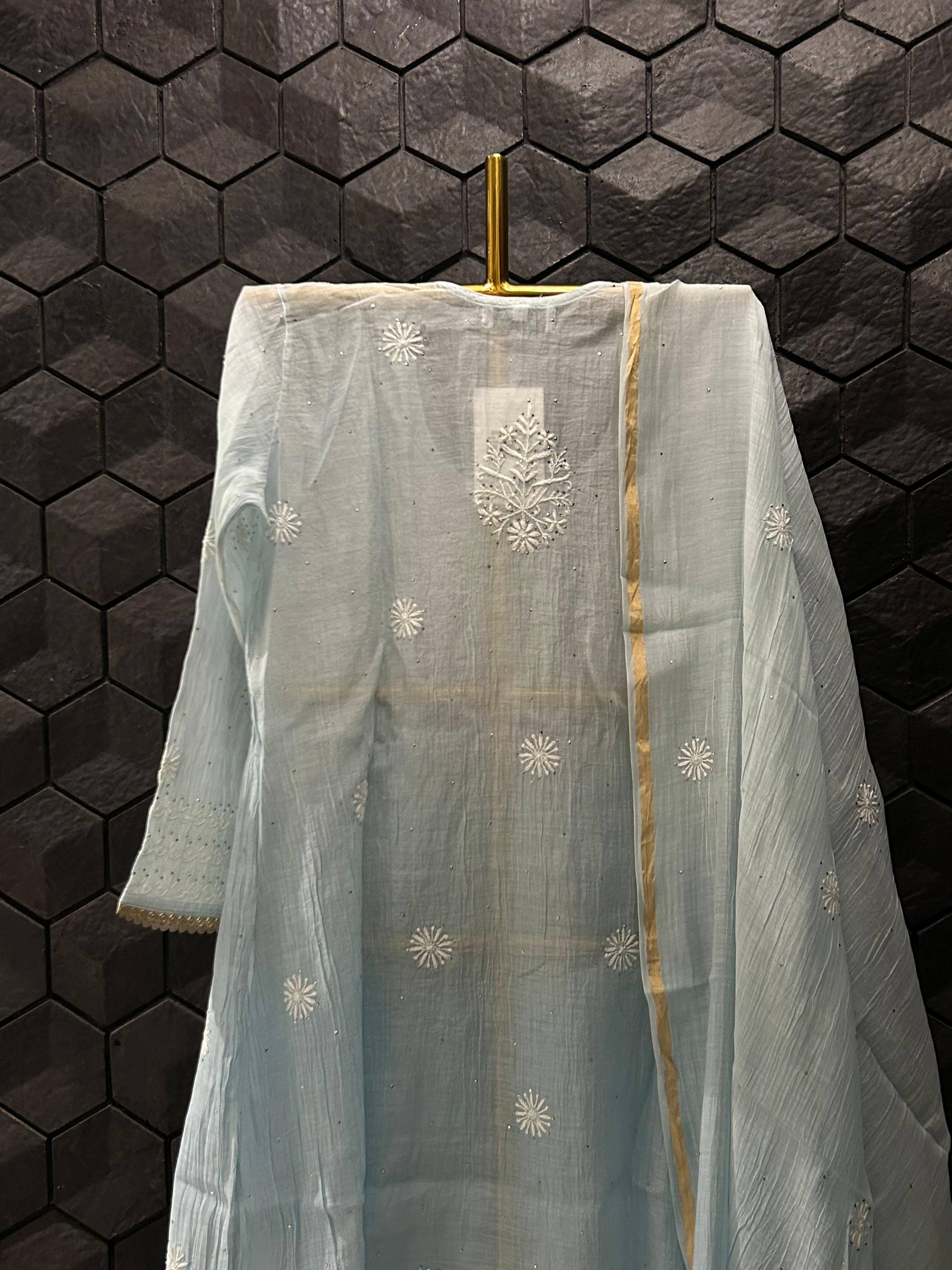 Sky Blue mul chanderi chikankari sharara set