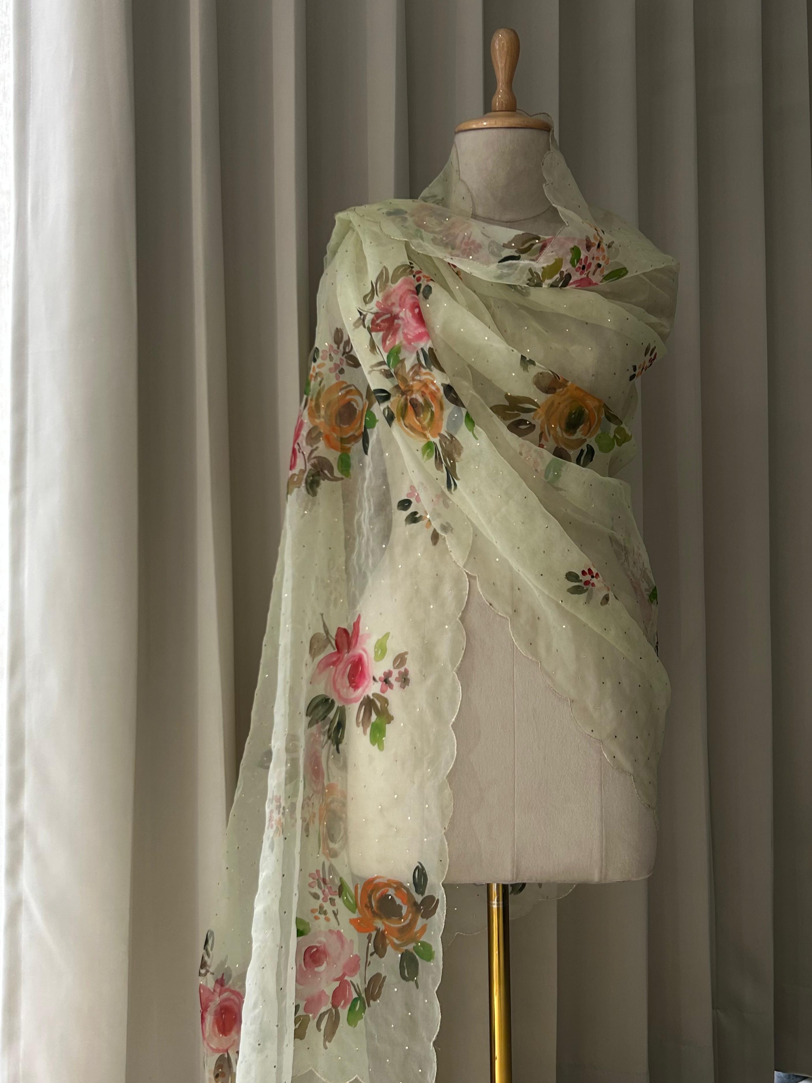Green organza chikankari dupatta