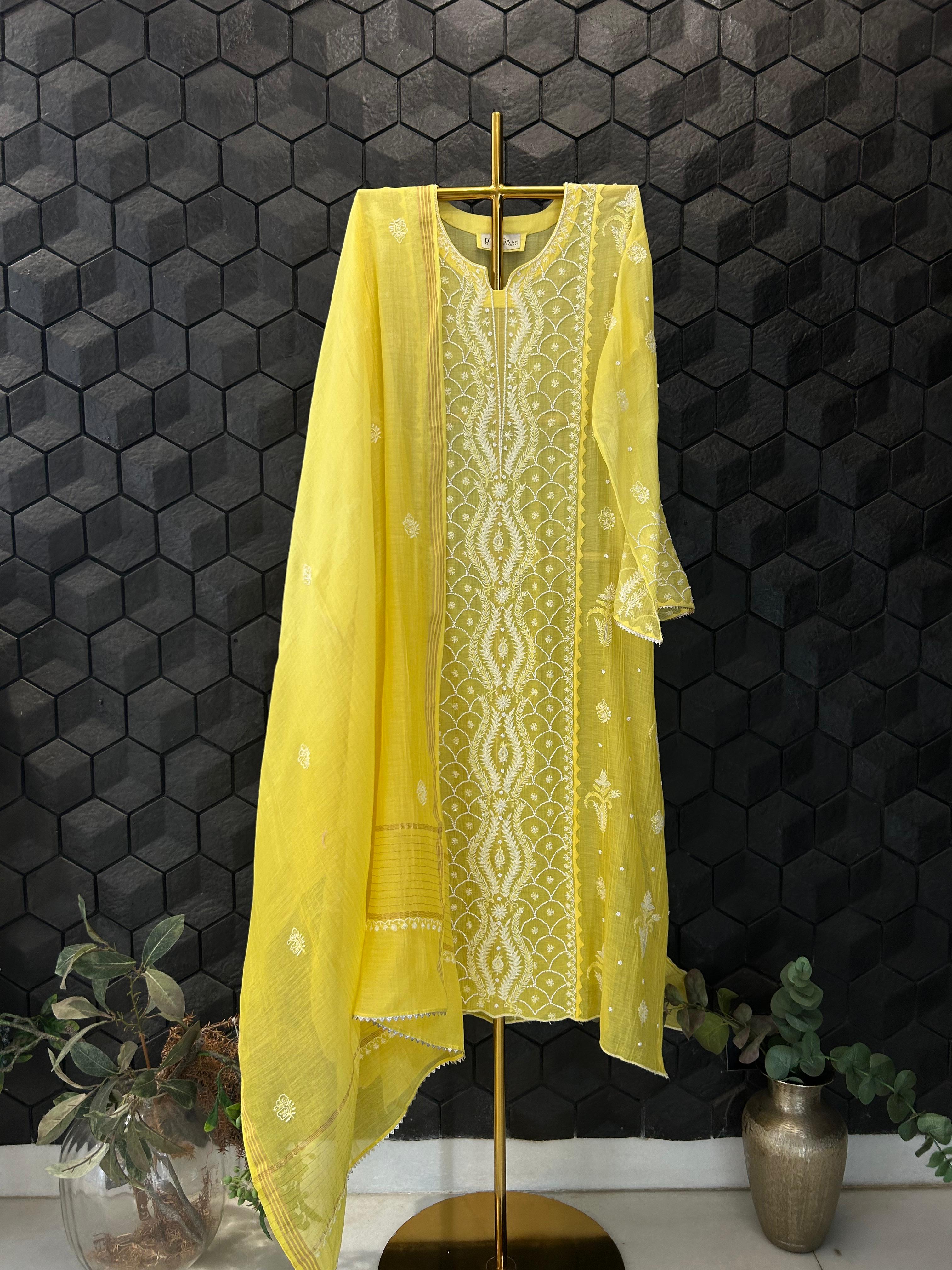 Yellow mul chanderi chikankari kurta set