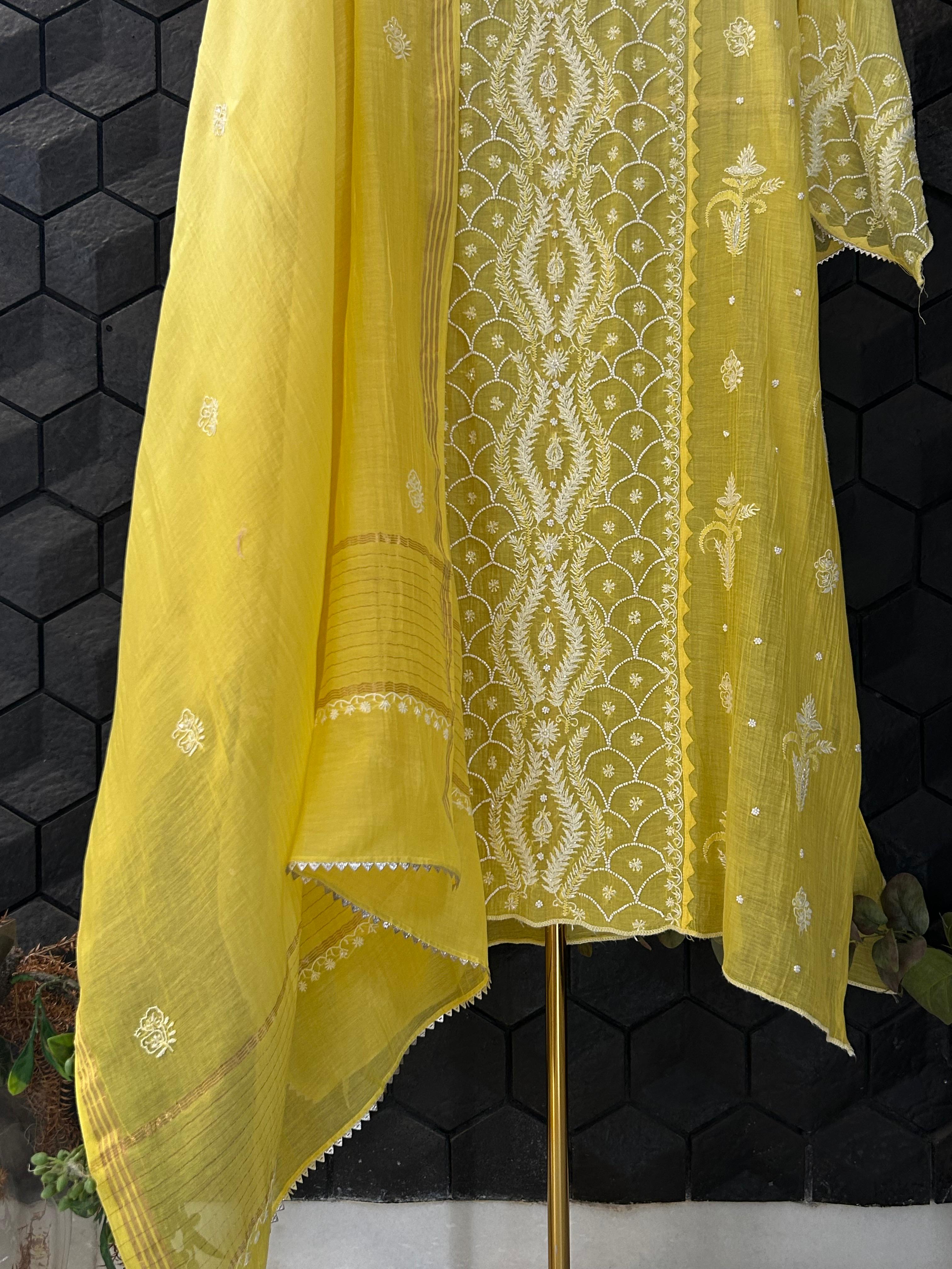Yellow mul chanderi chikankari kurta set