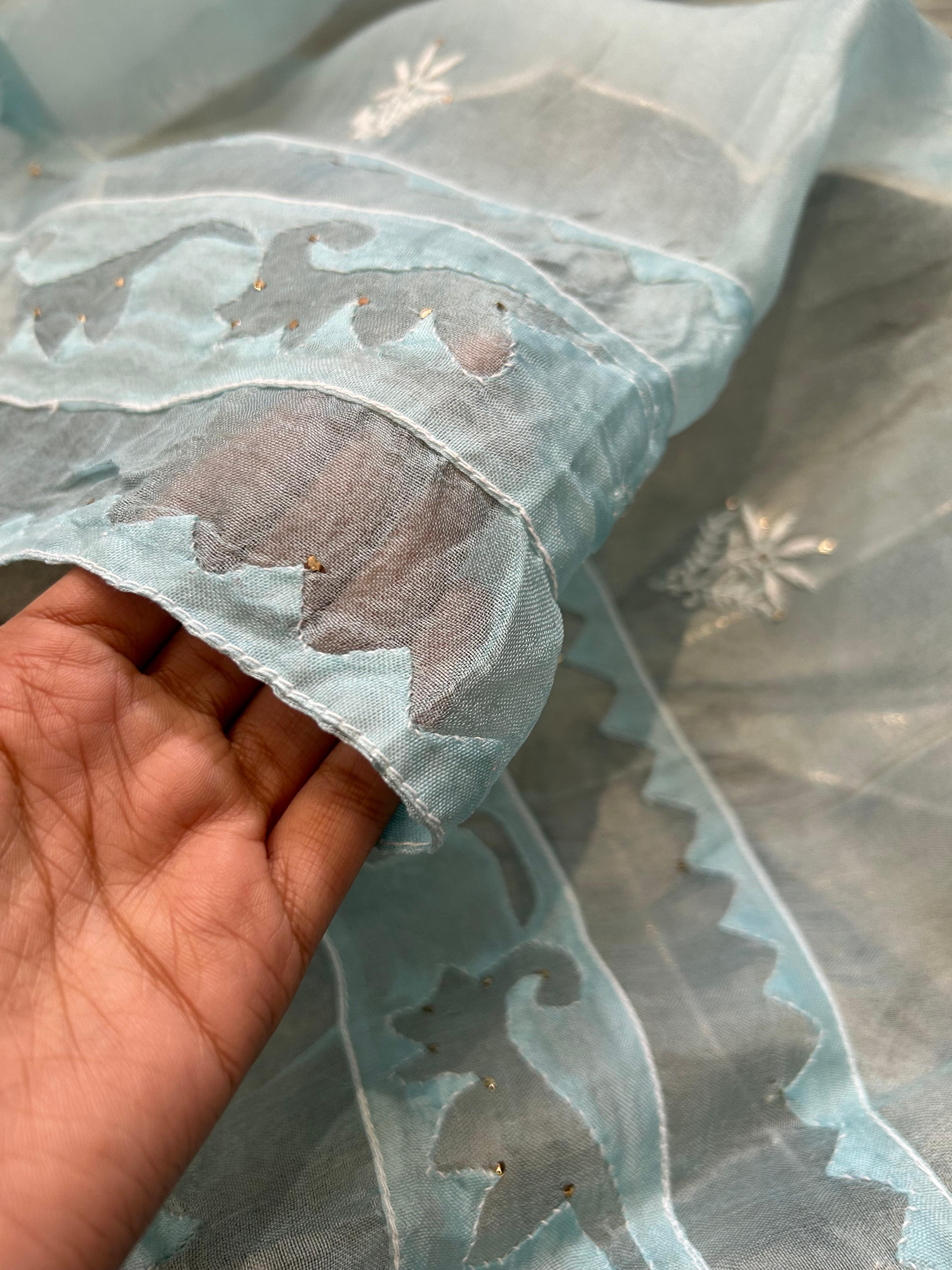 Blue organza chikankari dupatta