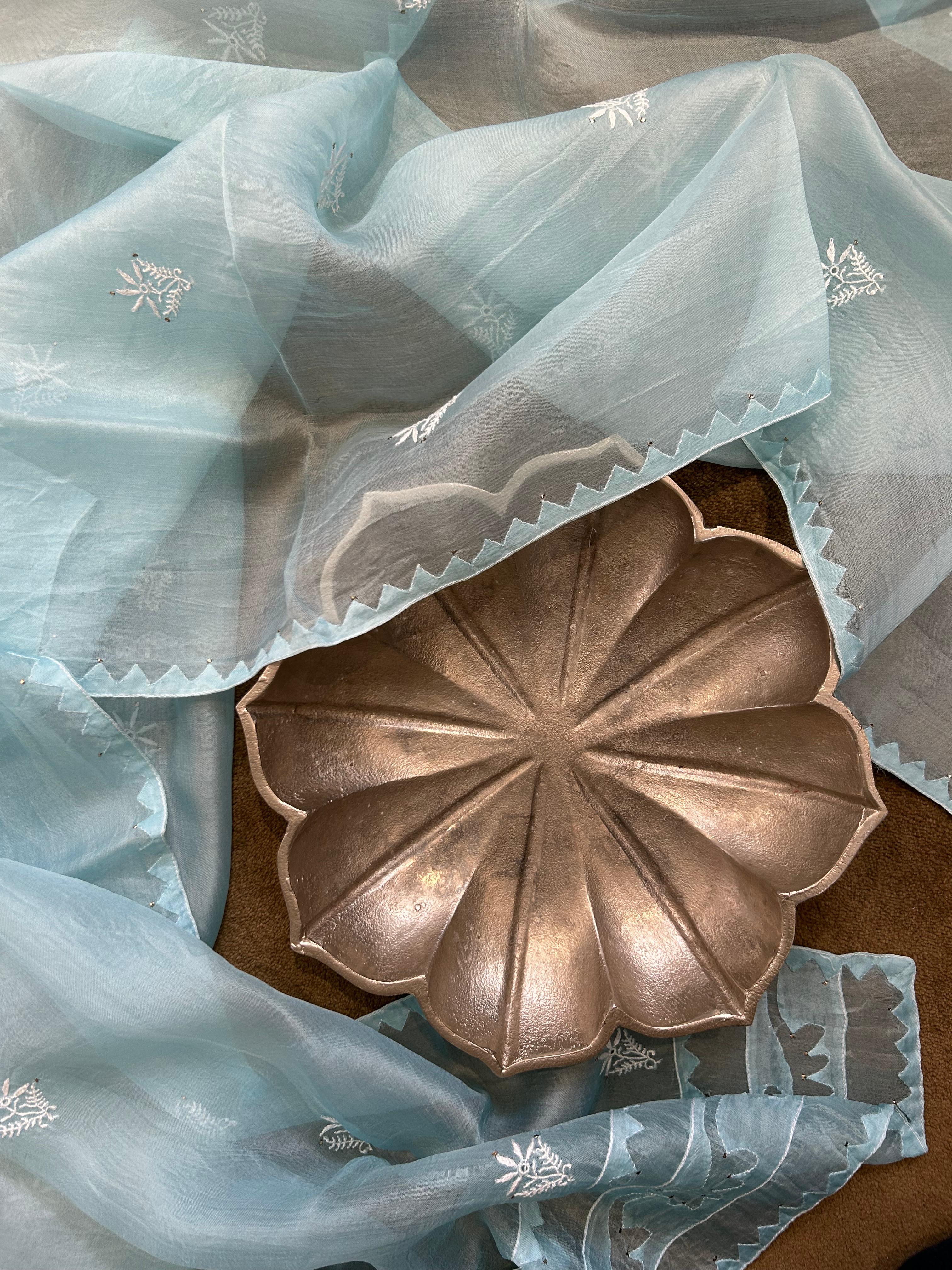 Blue organza chikankari dupatta