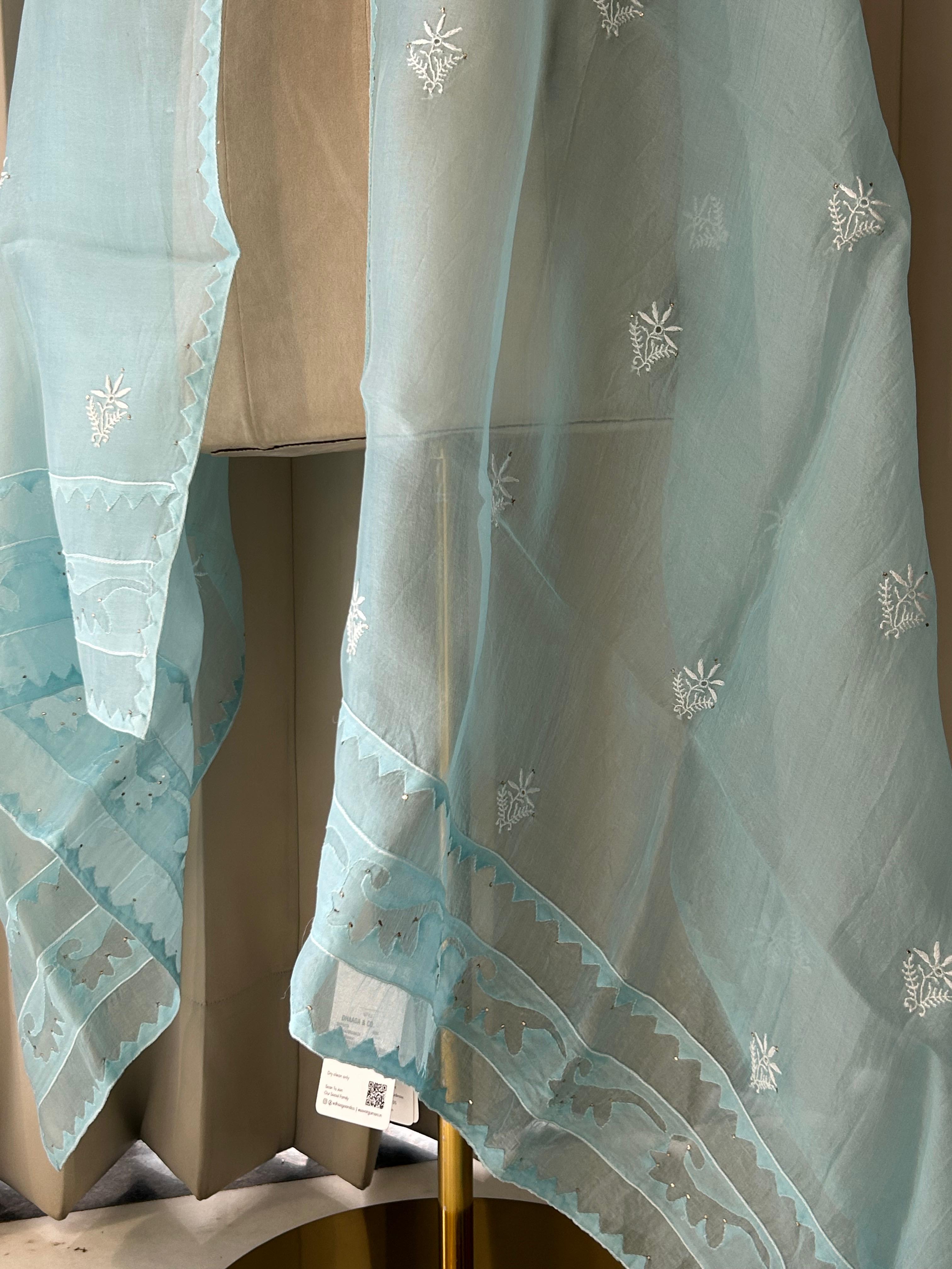 Blue organza chikankari dupatta