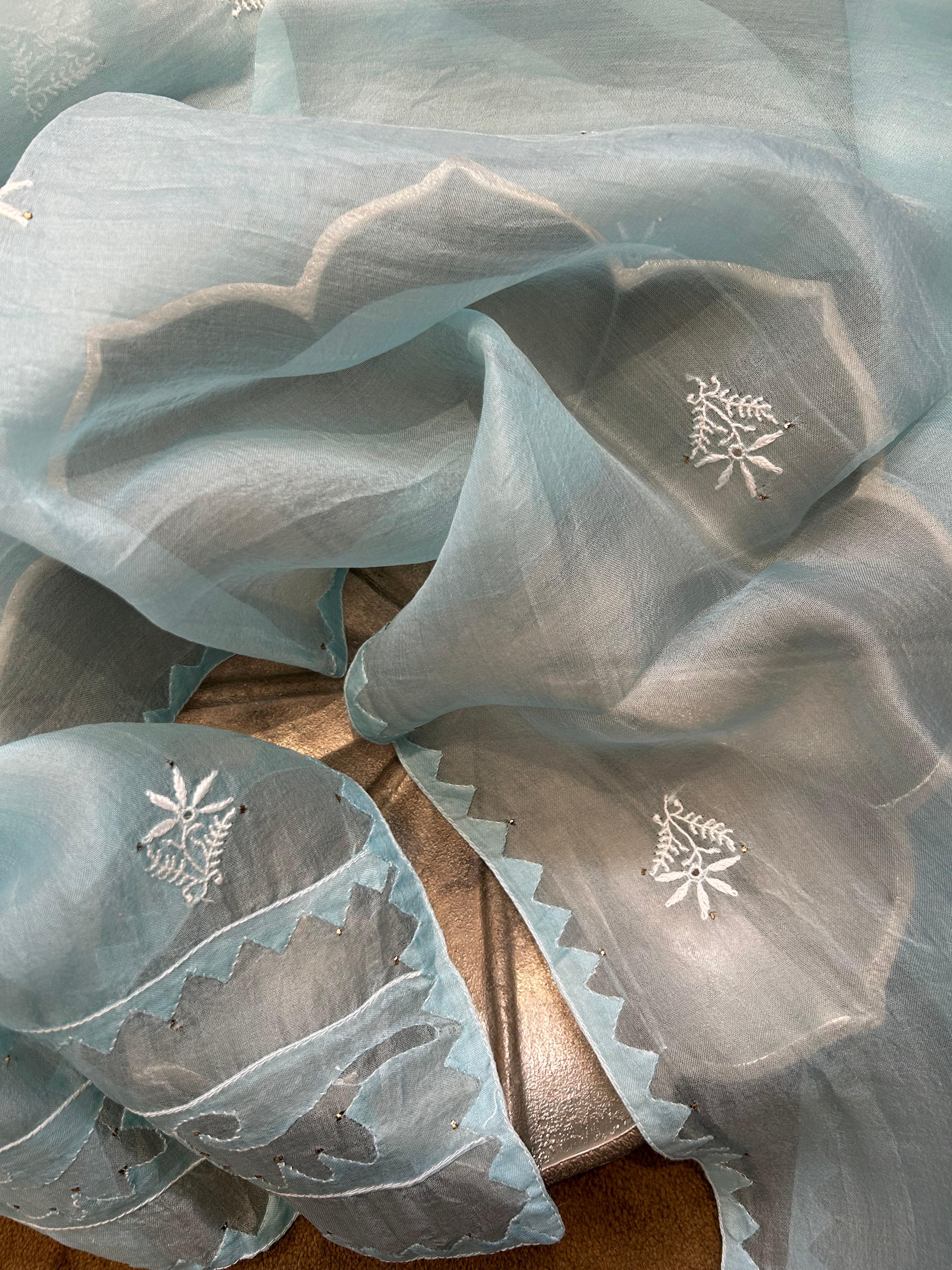Blue organza chikankari dupatta