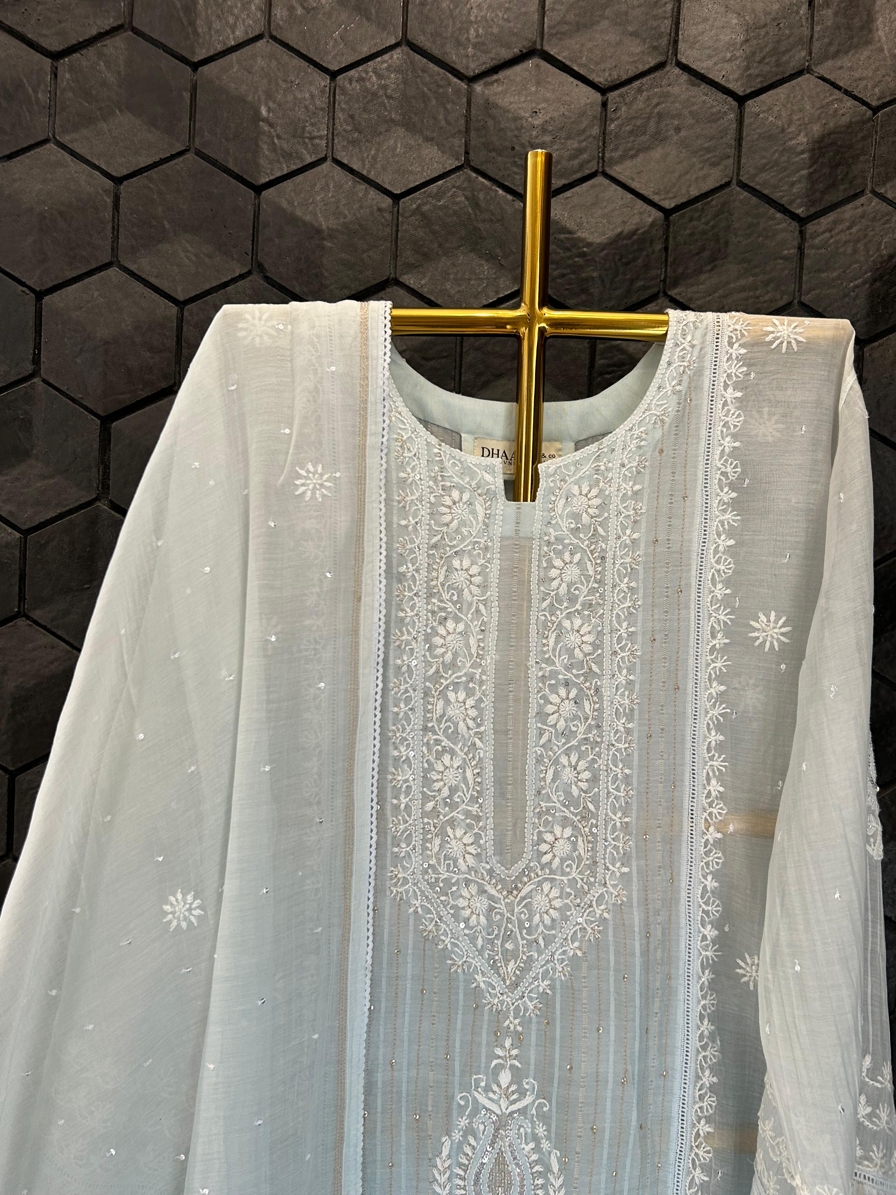 Blue mul chanderi chikankari kurta set