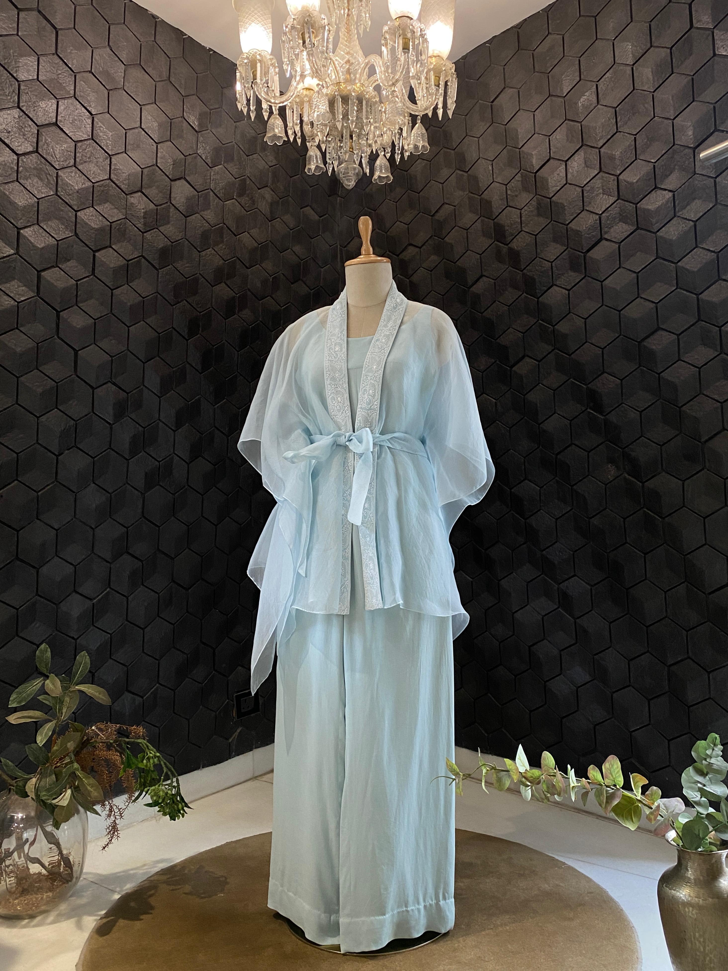 Blue organza chikankari cape set