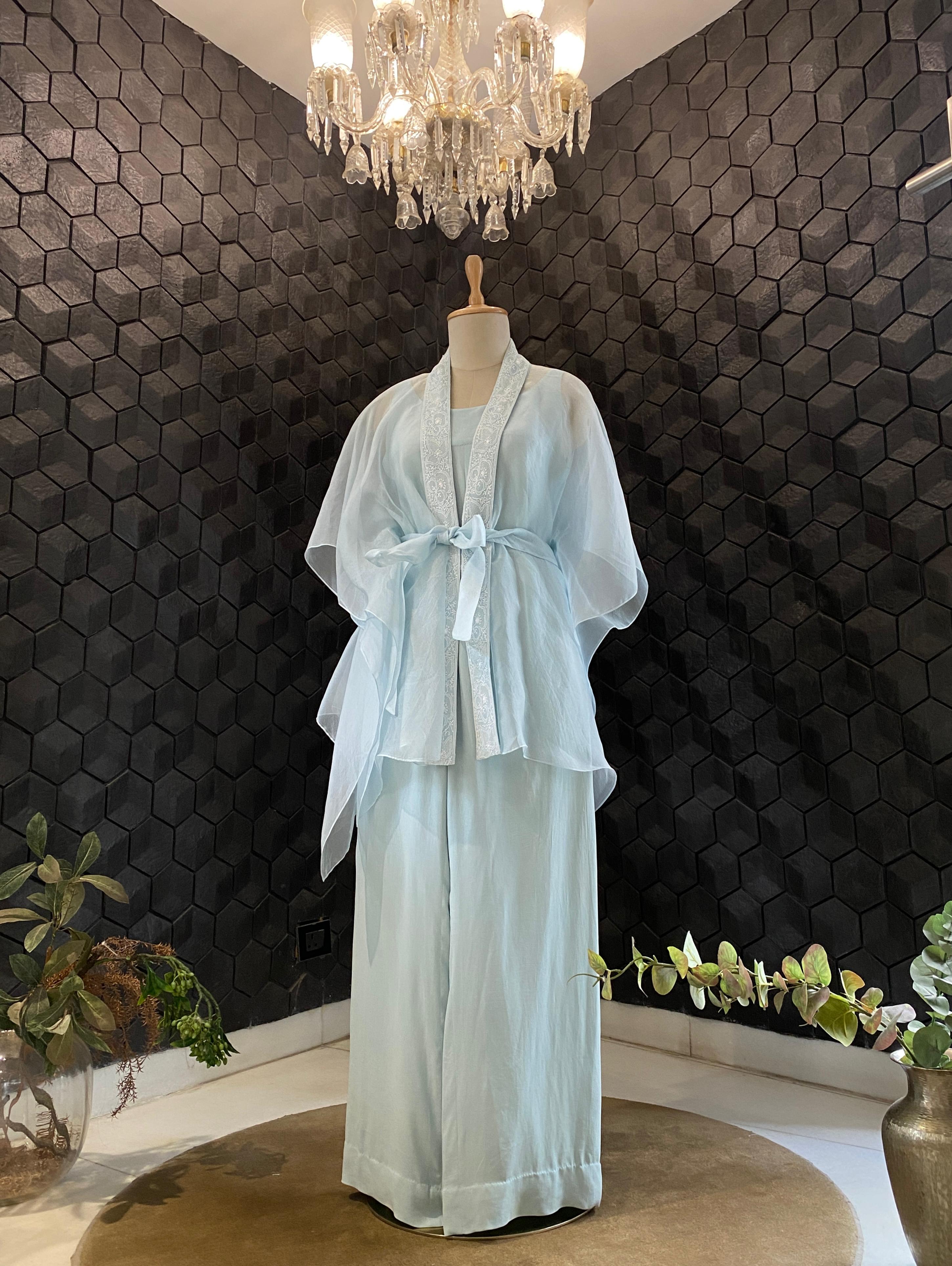 Blue organza chikankari cape set