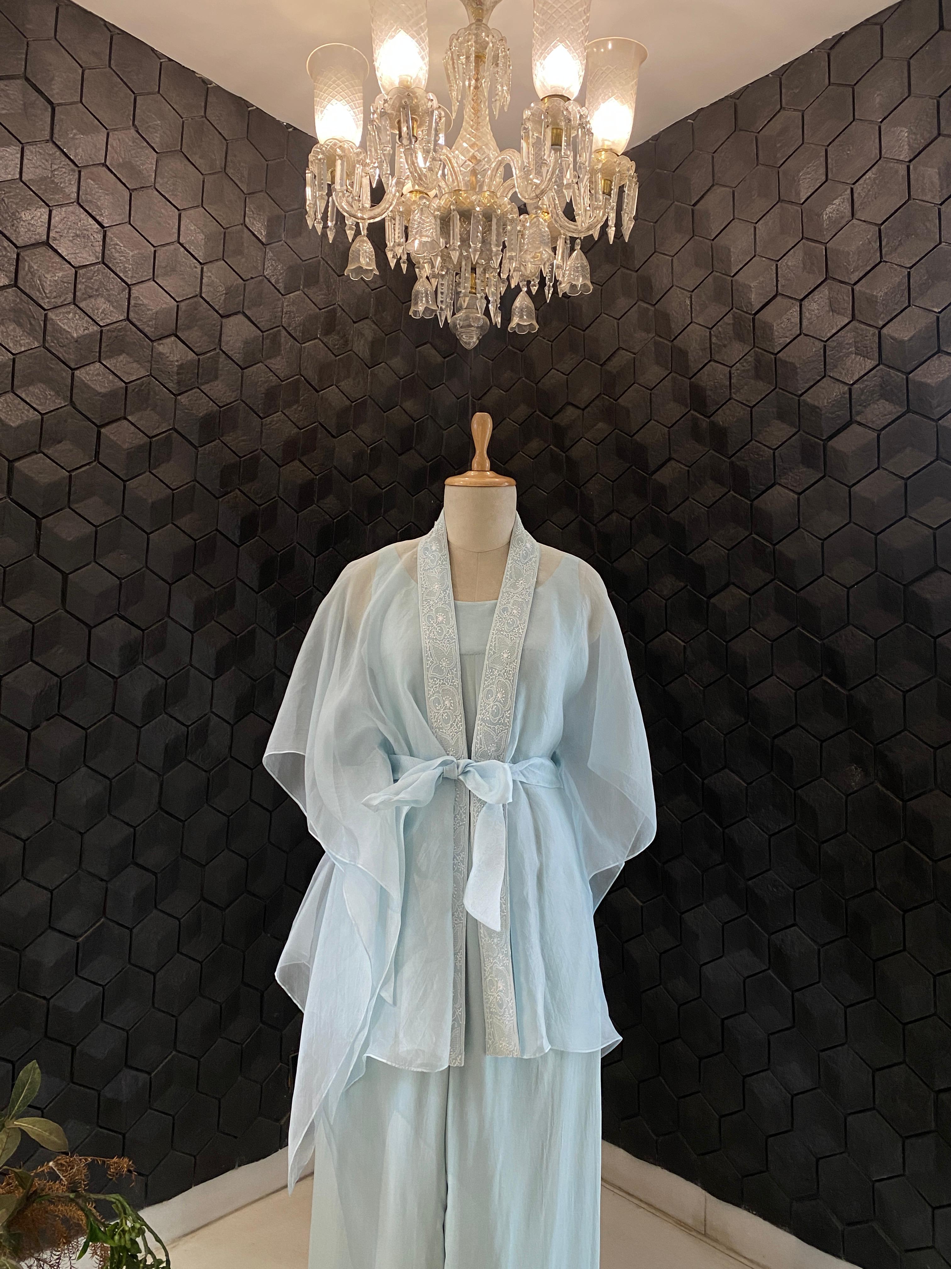 Blue organza chikankari cape set