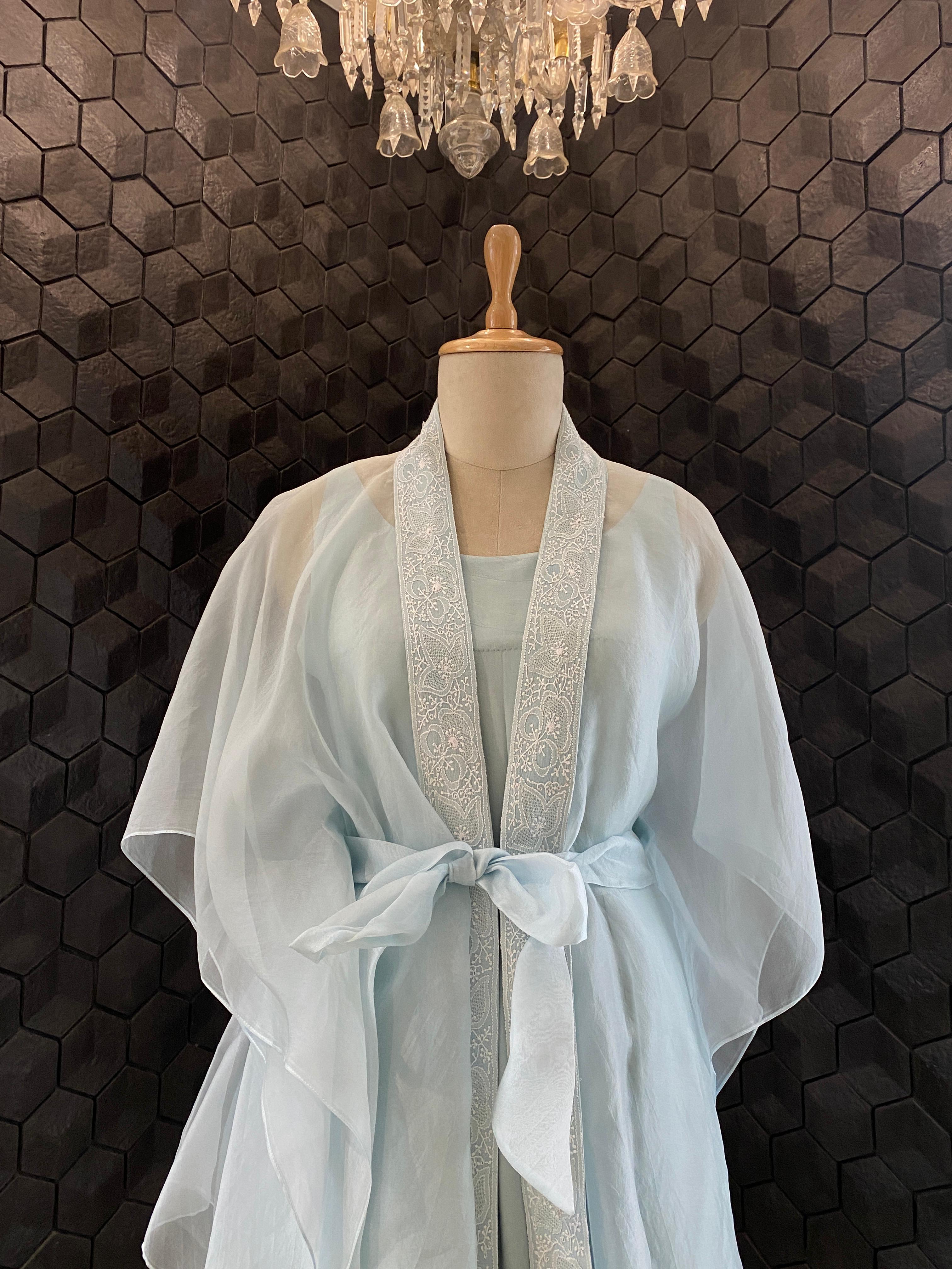 Blue organza chikankari cape set