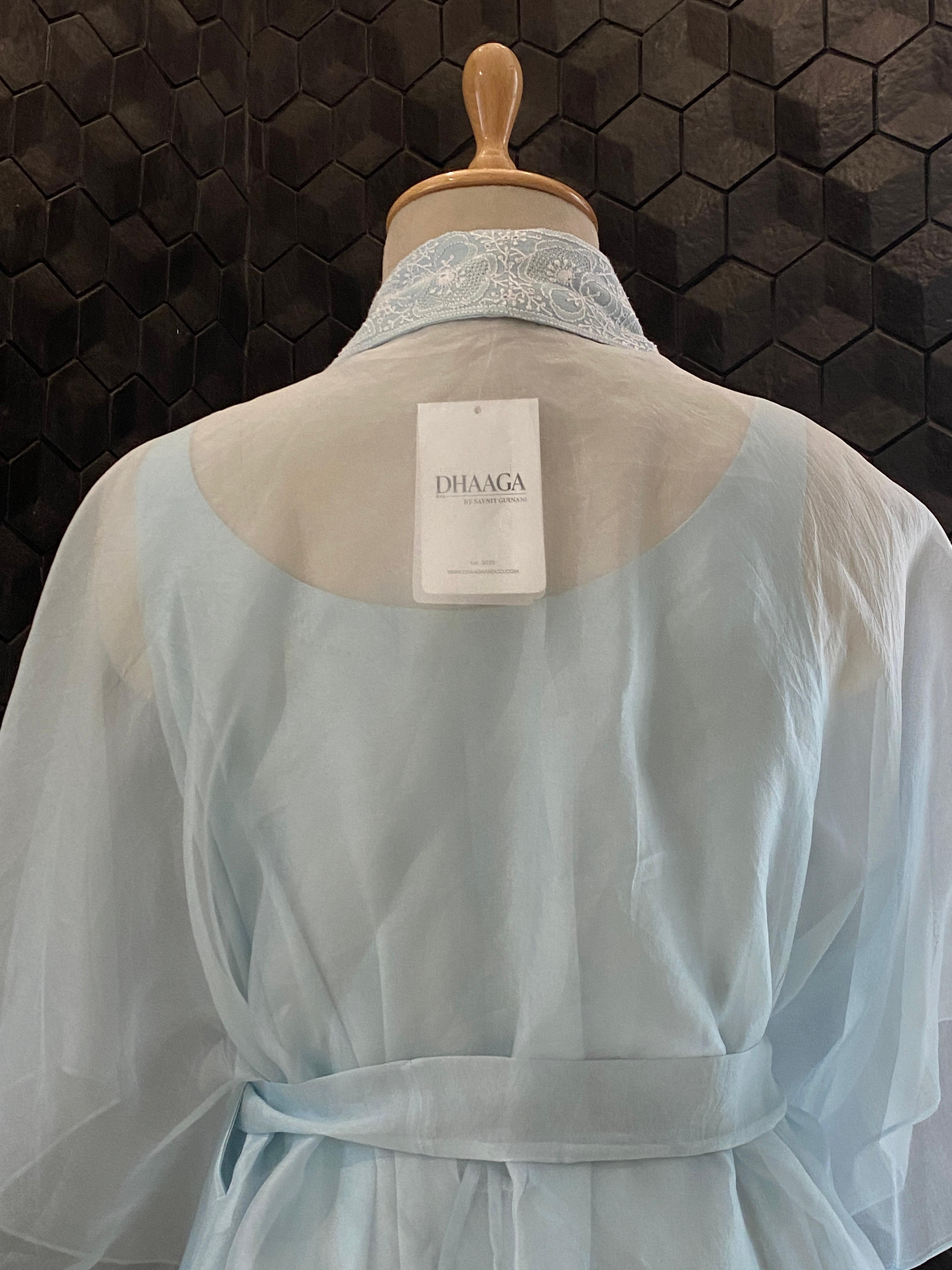 Blue organza chikankari cape set