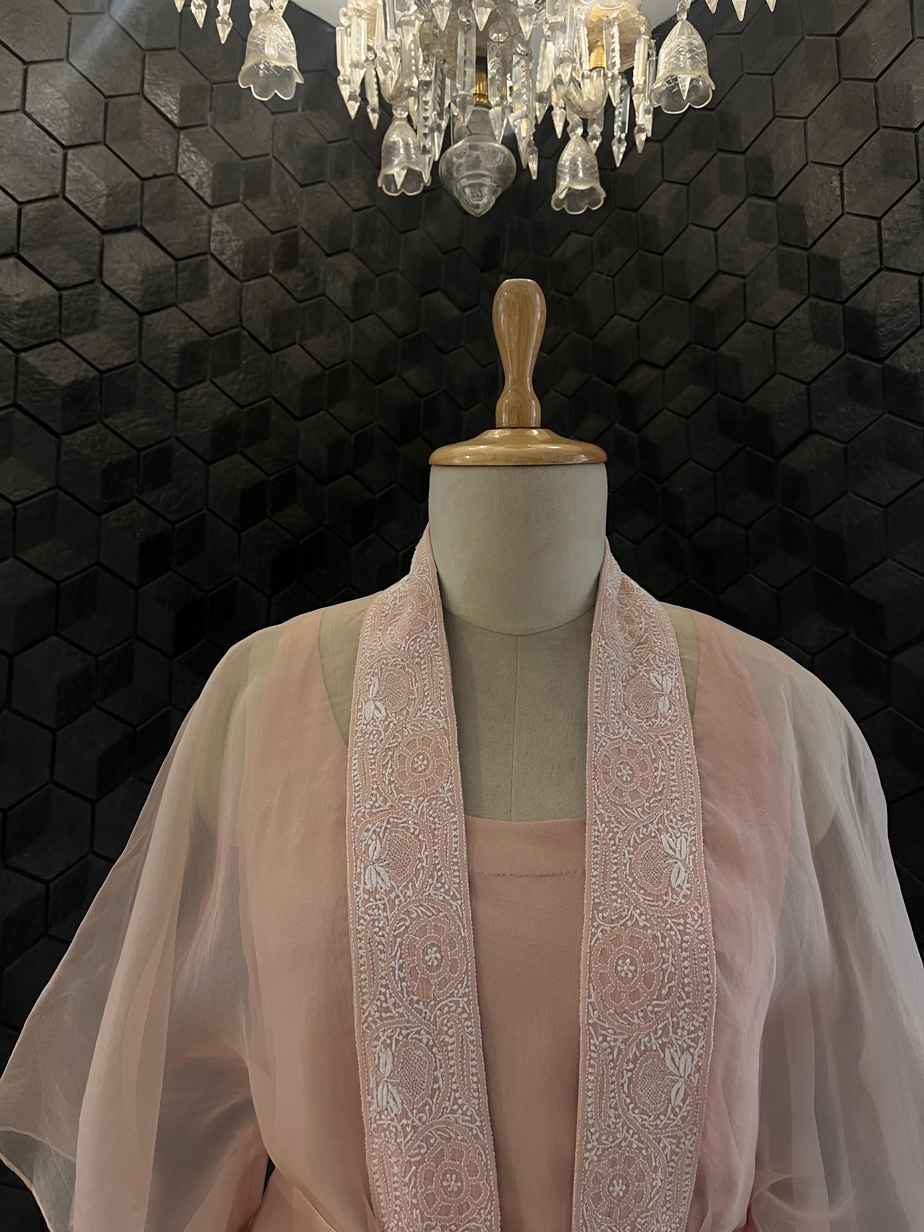 Pink Organza Chikankari Cape Set